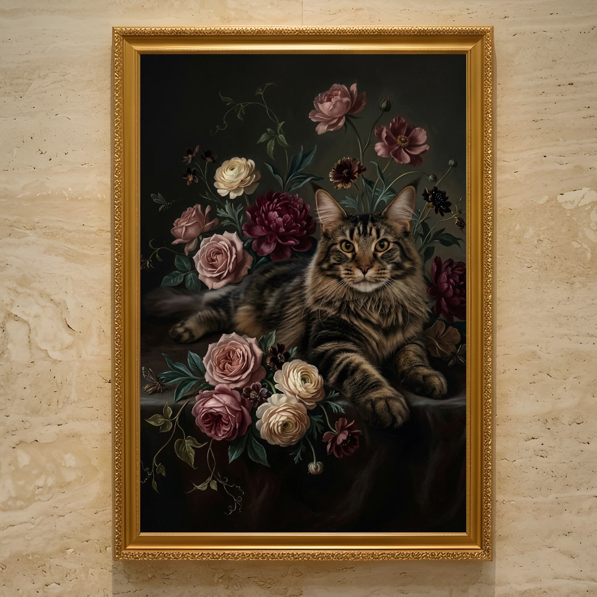 メインクーンの花の油絵風アート花柄額装プリント(A3サイズ)