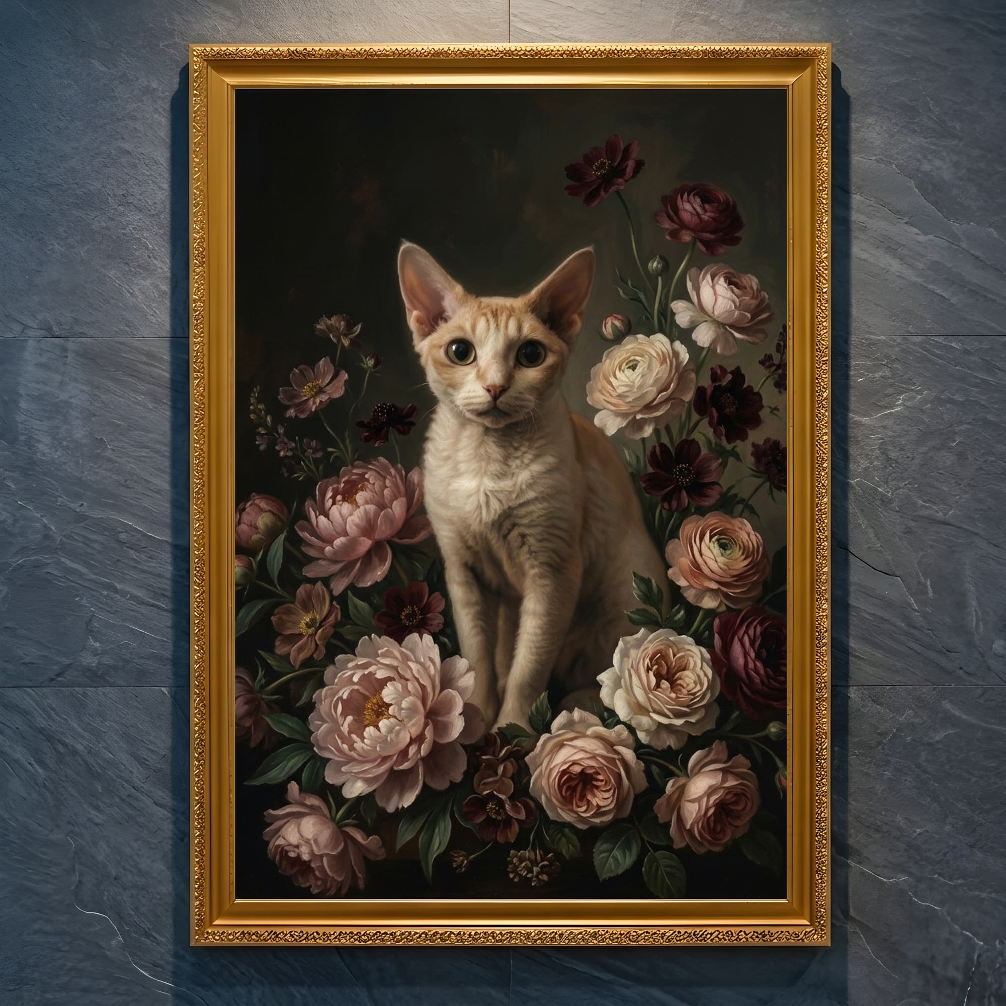 デボンレックスの花の油絵風アート花柄額装プリント(A4金縁)