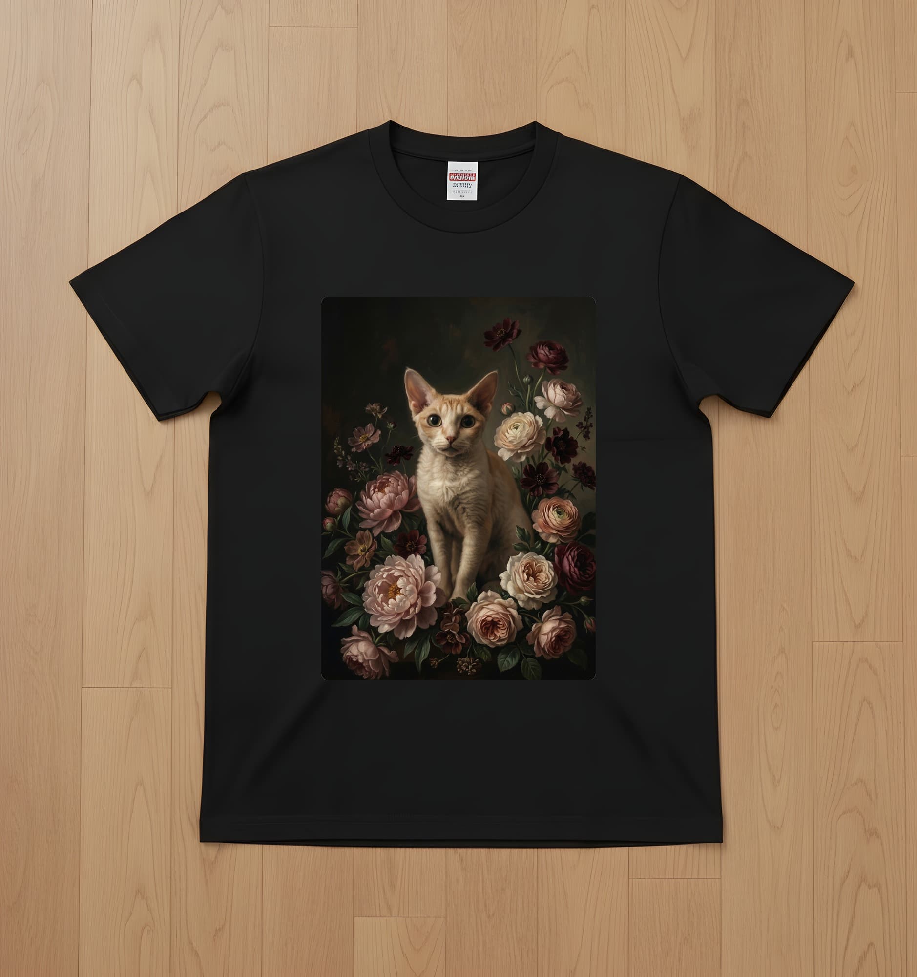 デボンレックスの花の油絵風アート花柄Tシャツ(ブラック)