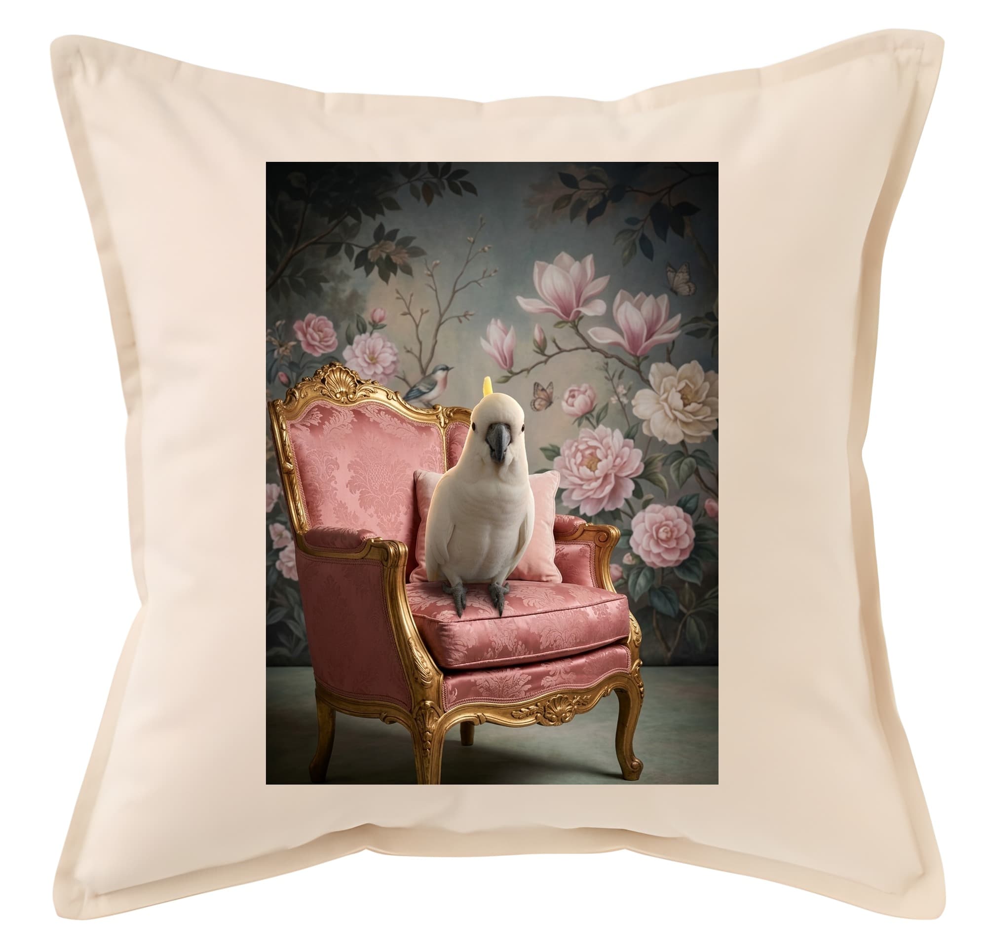 タイハクオウムのシャビーピンクの油絵風アートロココ調クッション