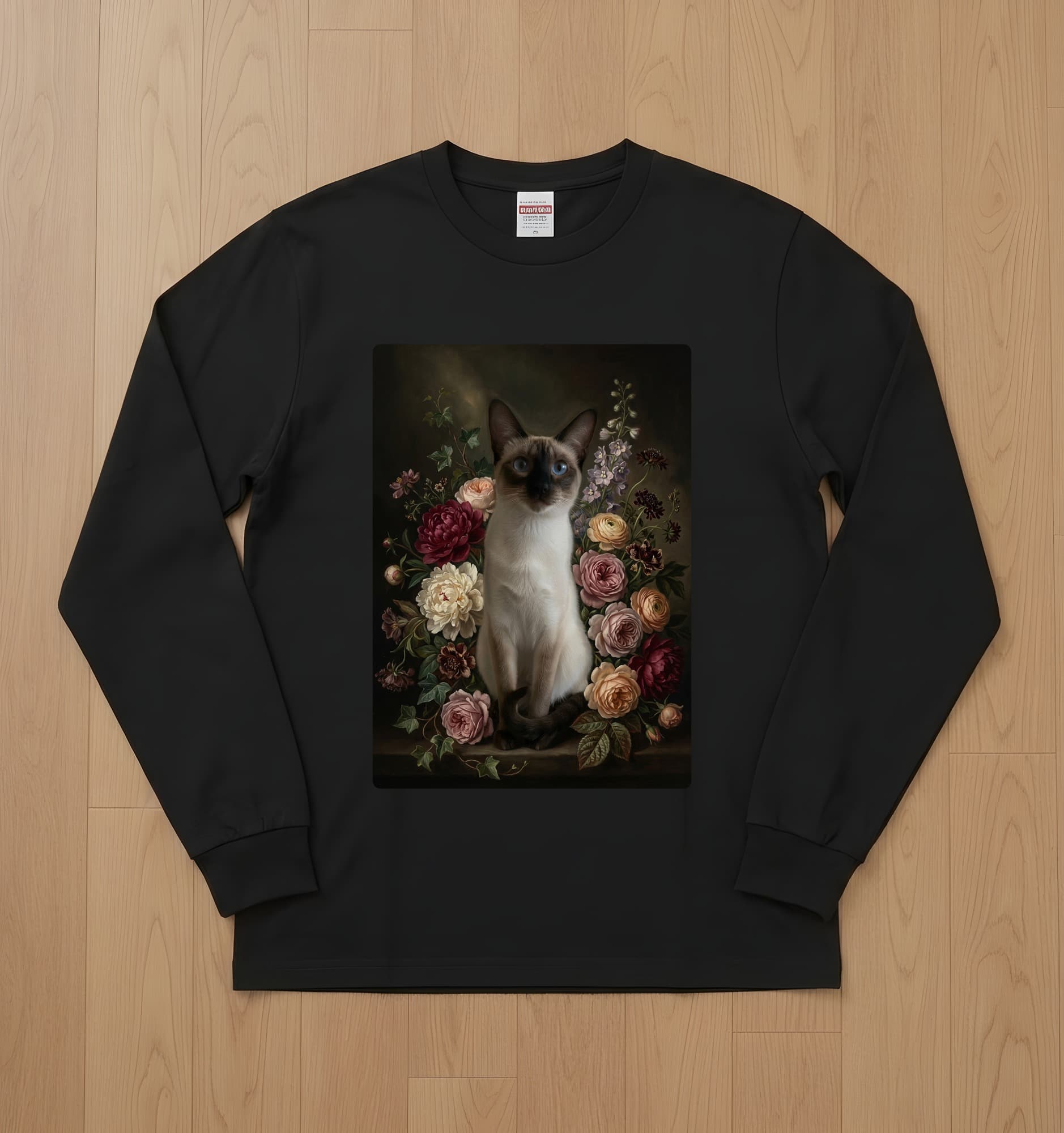 Balinese Floral Oil-Painting Floral Long Sleeve T-Shirt (Black)