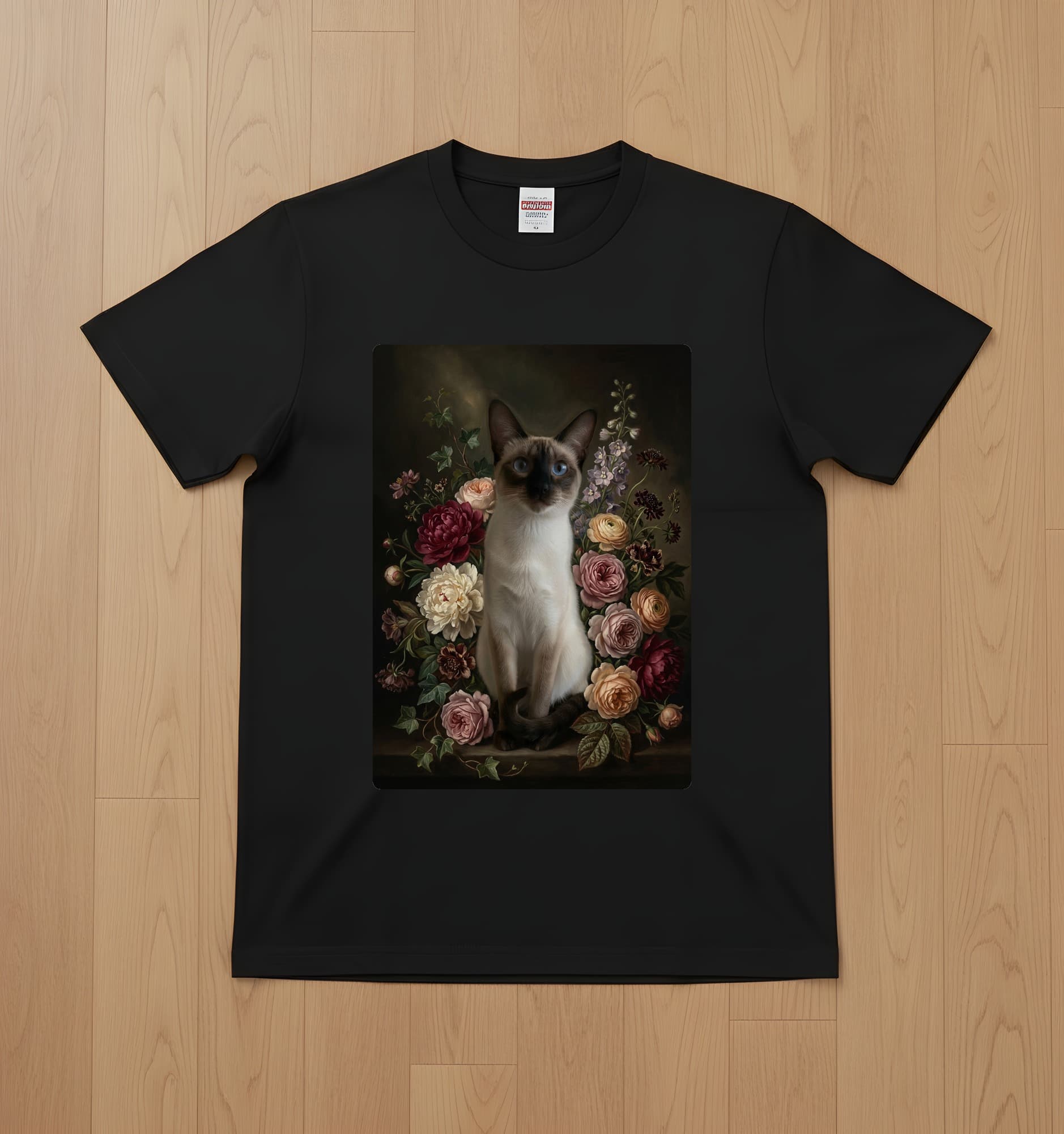 バリニーズの花の油絵風アート花柄Tシャツ(ブラック)