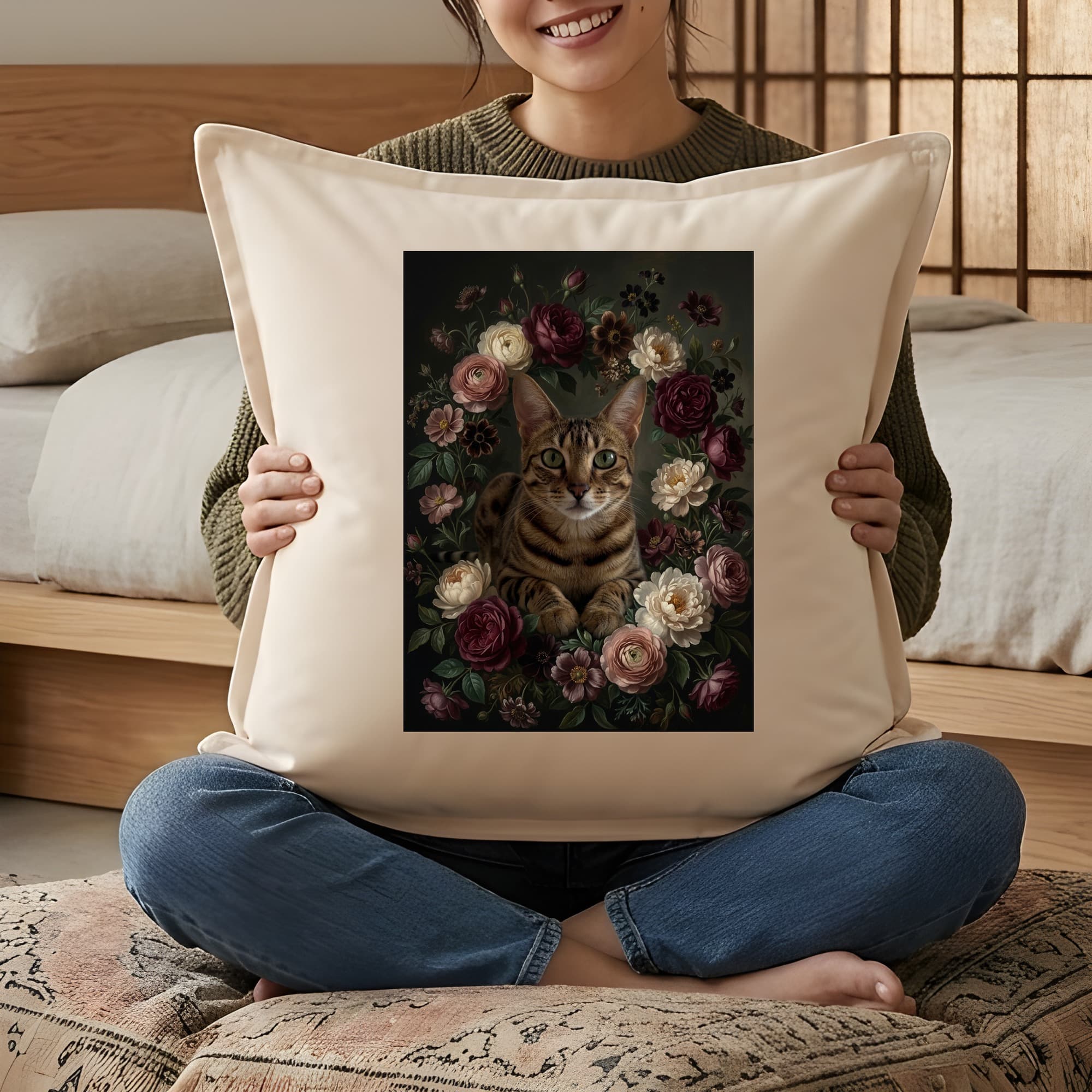 オシキャットの花の油絵風アート花柄クッション 3