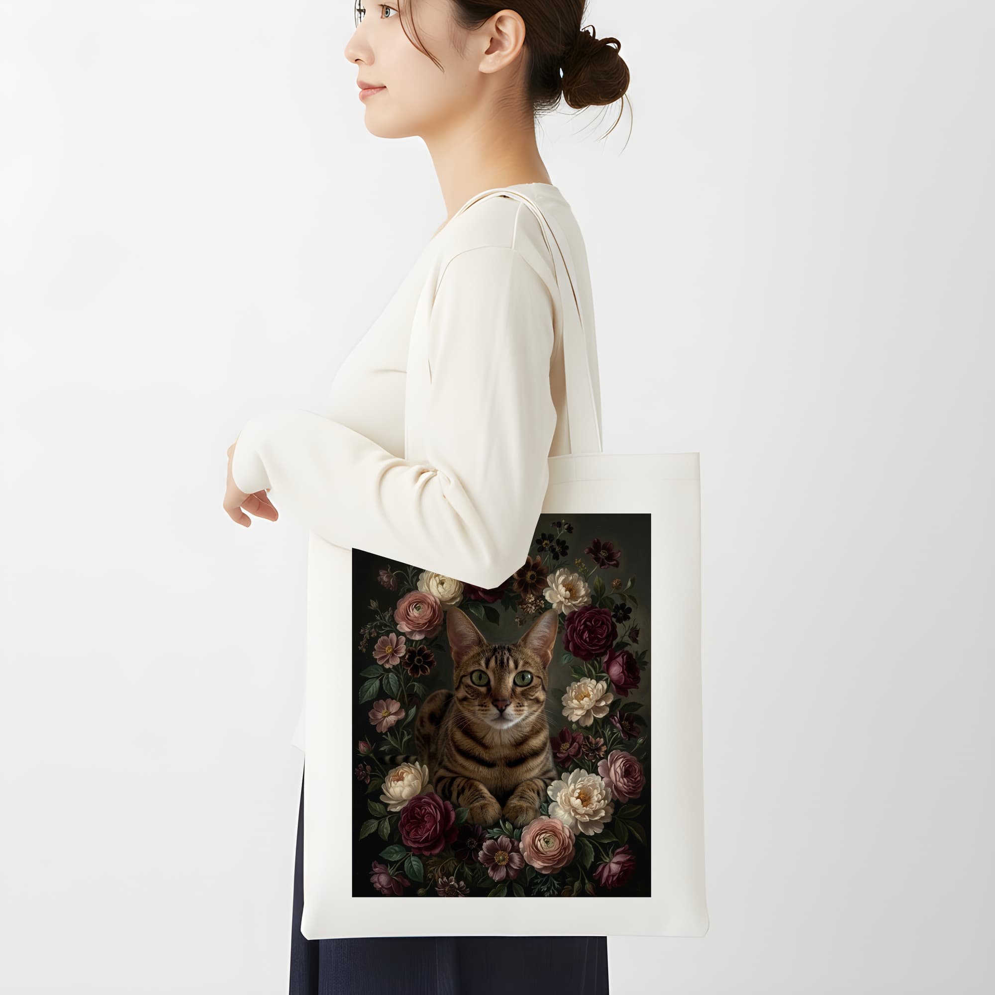 オシキャットの花の油絵風アート花柄トートバッグ 2