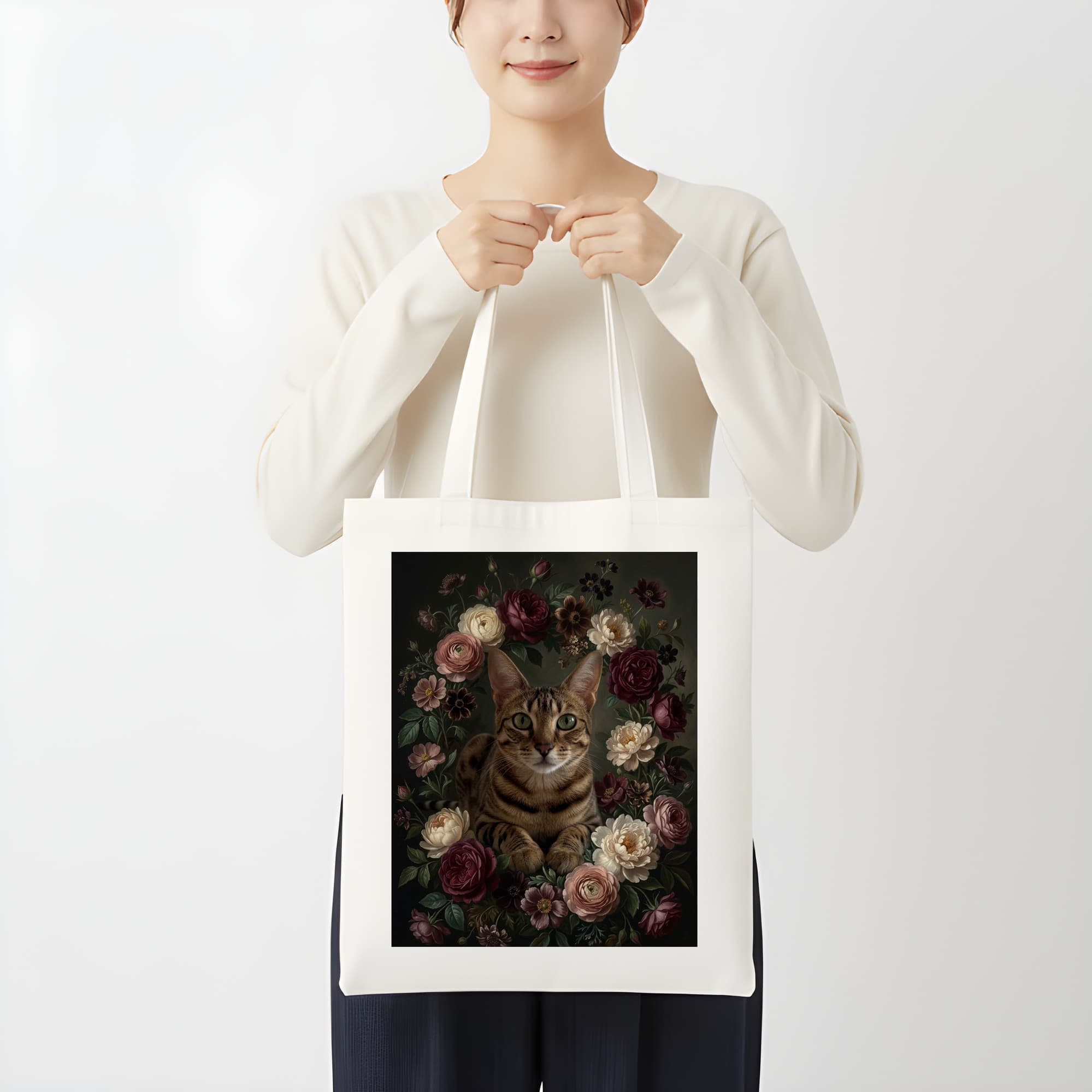 オシキャットの花の油絵風アート花柄トートバッグ 3