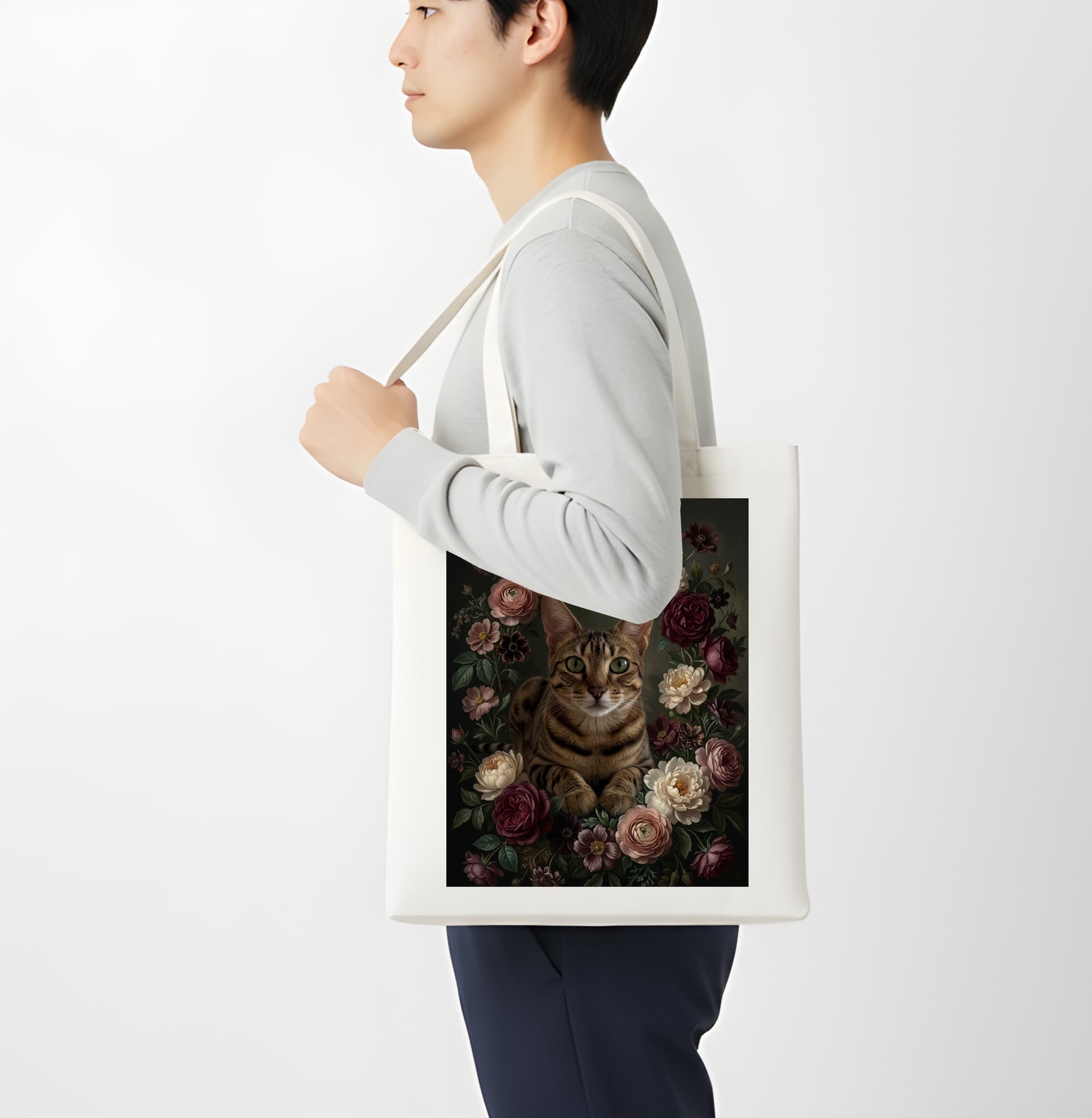 オシキャットの花の油絵風アート花柄トートバッグ 4