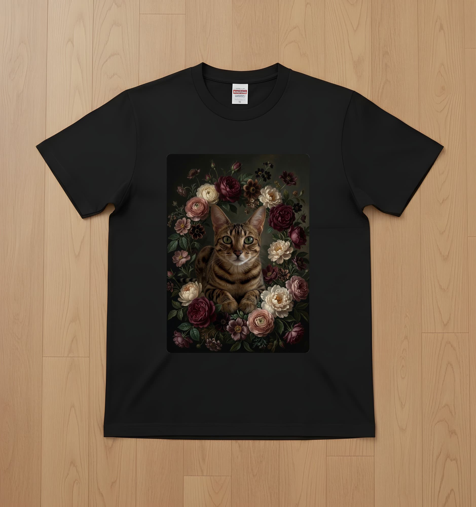 オシキャットの花の油絵風アート花柄Tシャツ(ブラック)