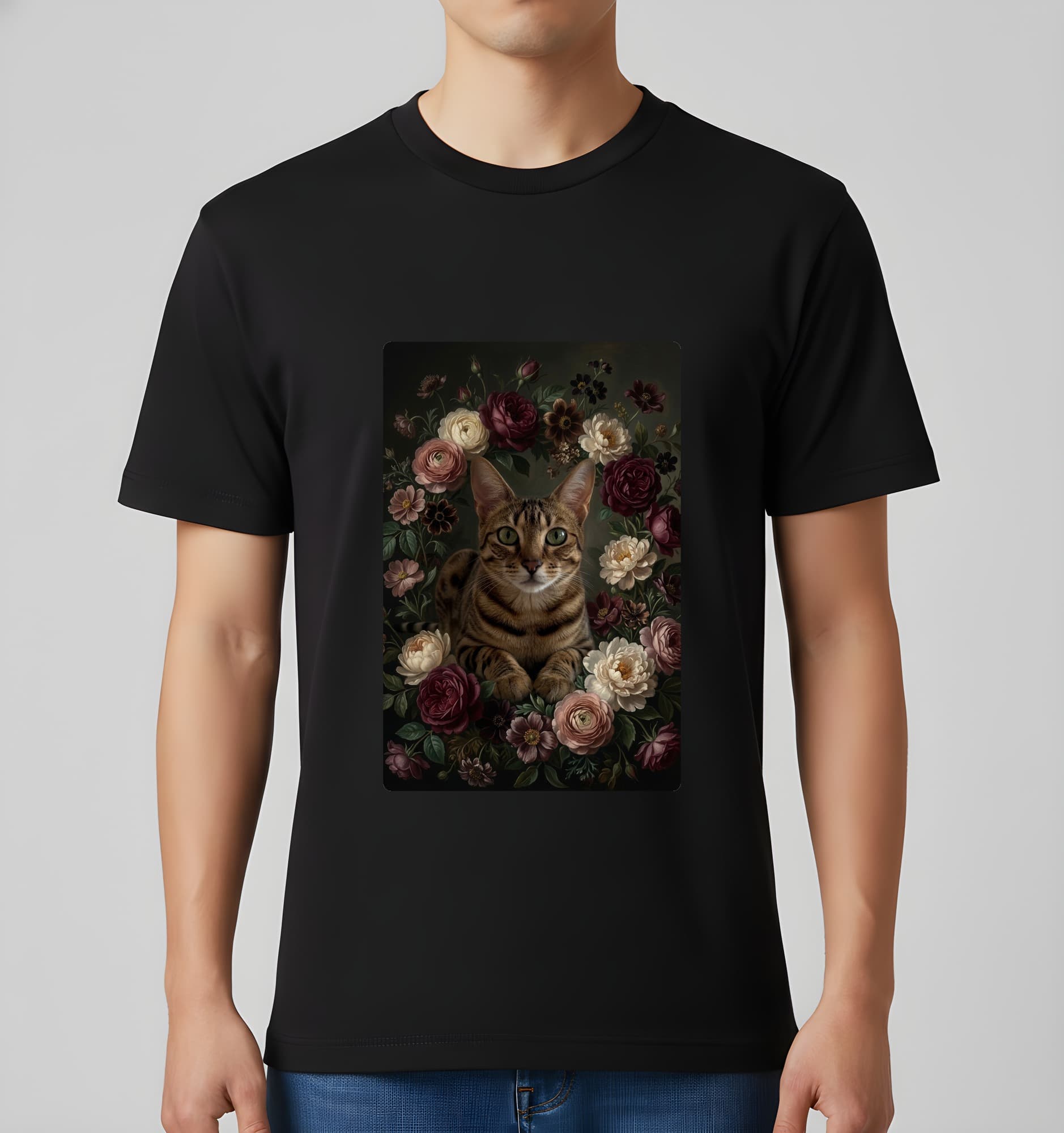 オシキャットの花の油絵風アート花柄Tシャツ(ブラック) 3