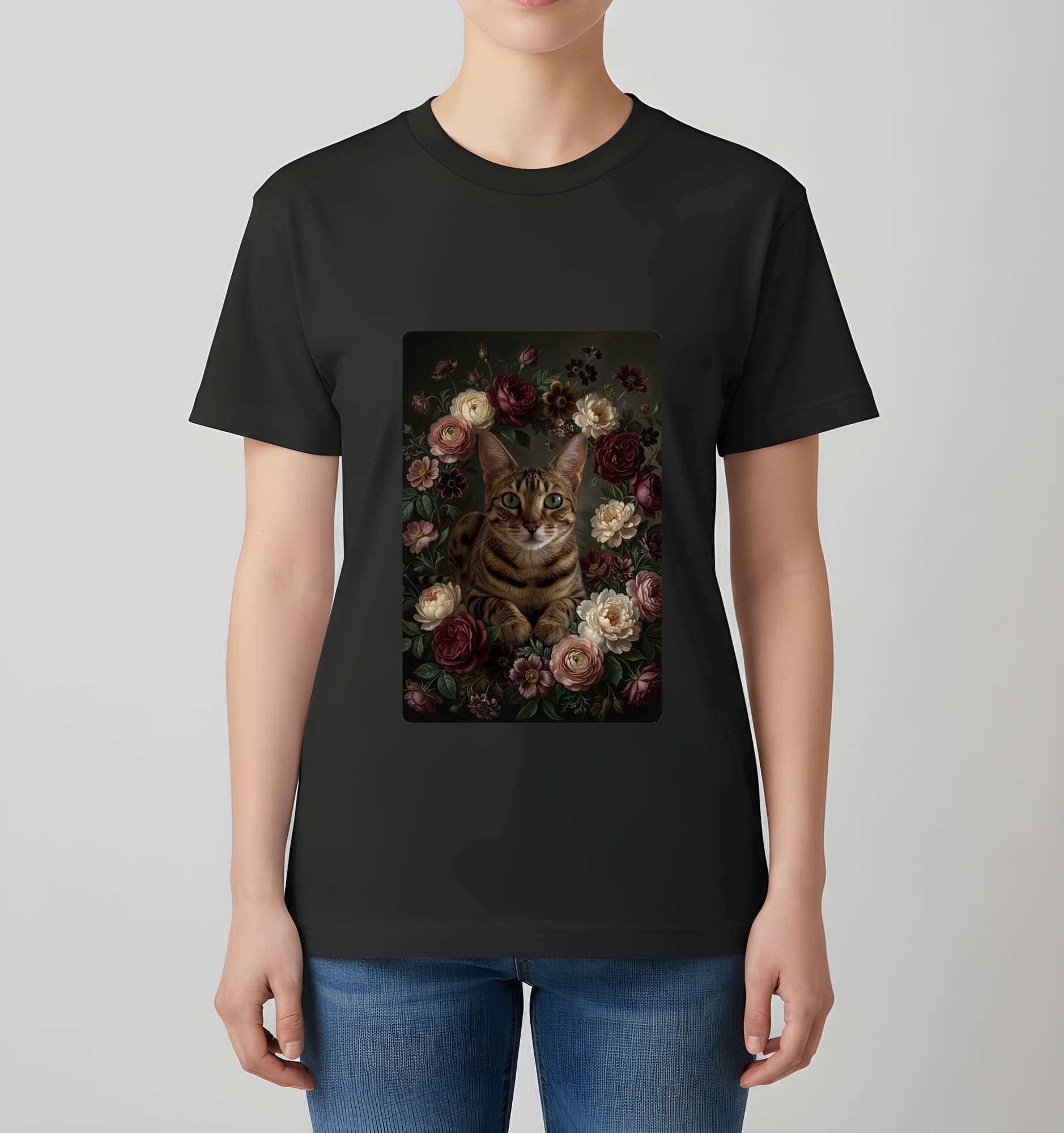 オシキャットの花の油絵風アート花柄Tシャツ(ブラック) 4