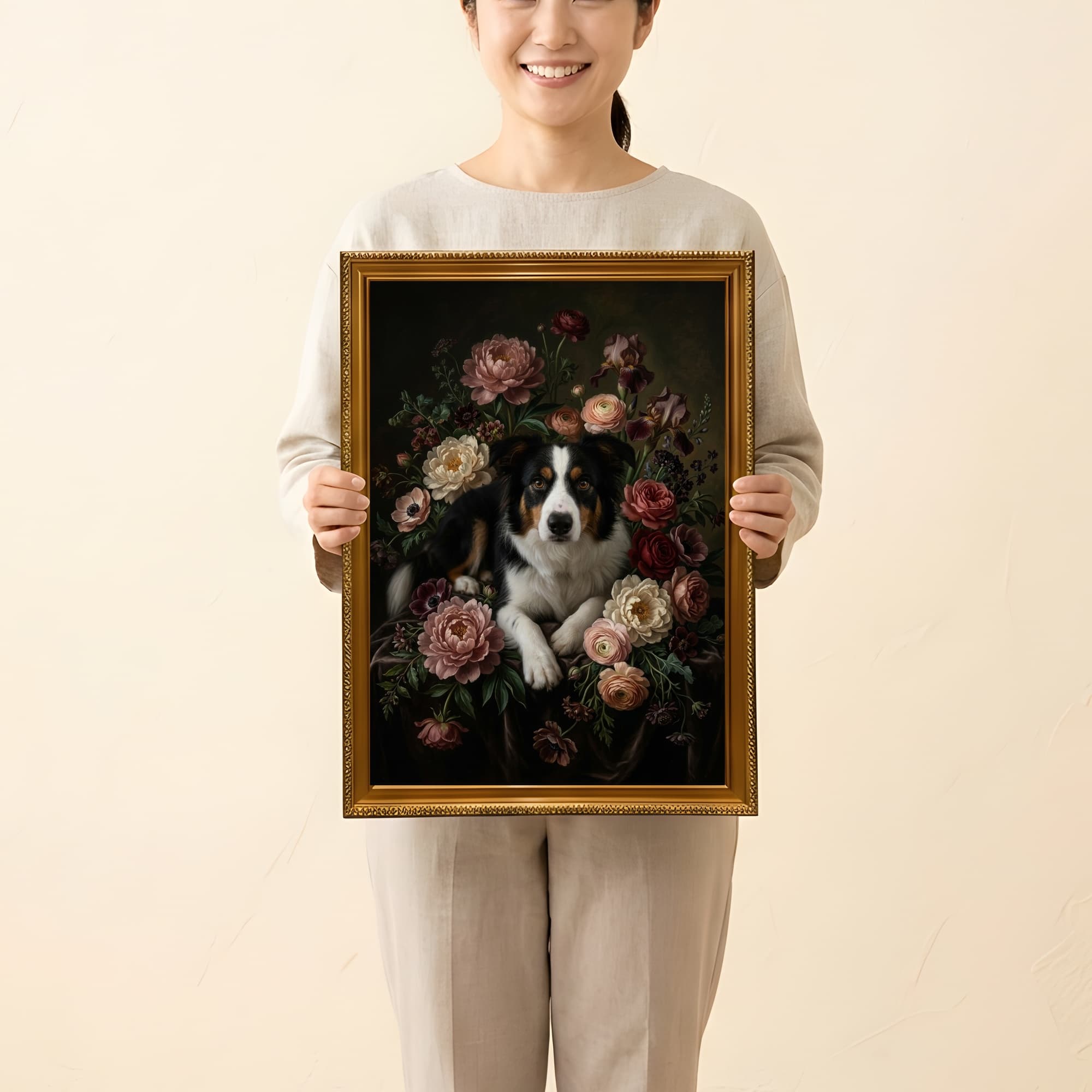 ボーダーコリーの花の油絵風アート花柄額装プリント(A3サイズ) 2