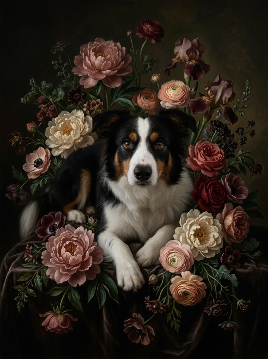 ボーダーコリーの花の油絵風アート花柄額装プリント(A3サイズ) 4
