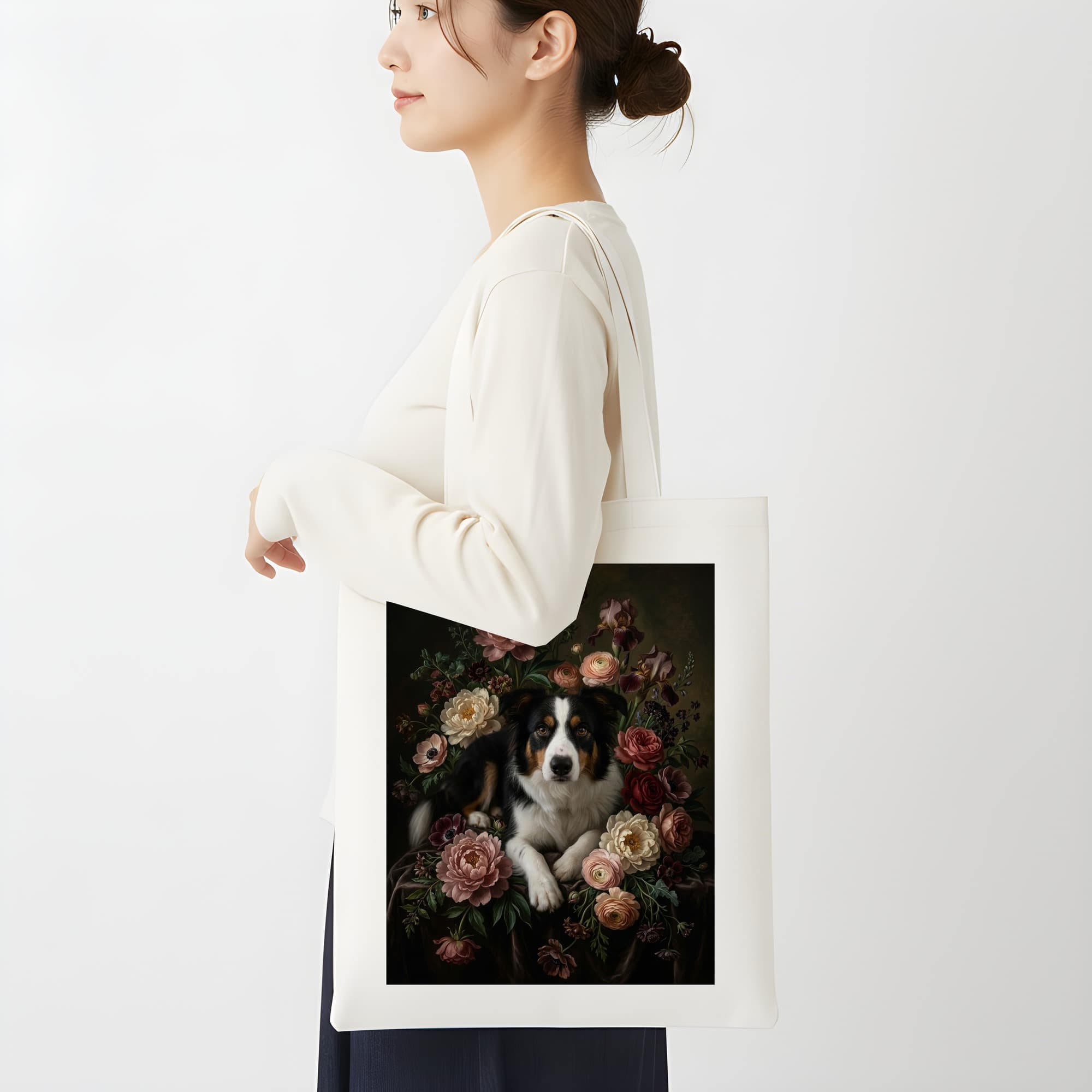 ボーダーコリーの花の油絵風アート花柄トートバッグ 2