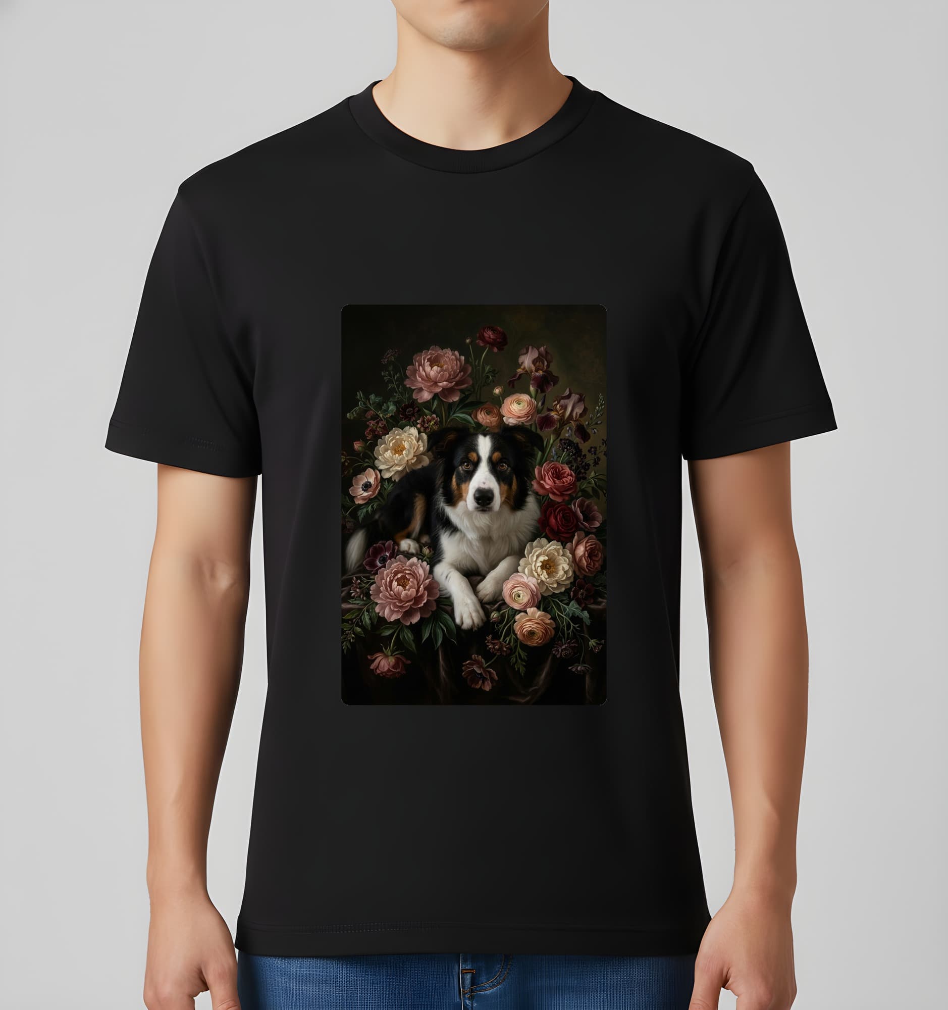 ボーダーコリーの花の油絵風アート花柄Tシャツ(ブラック) 3