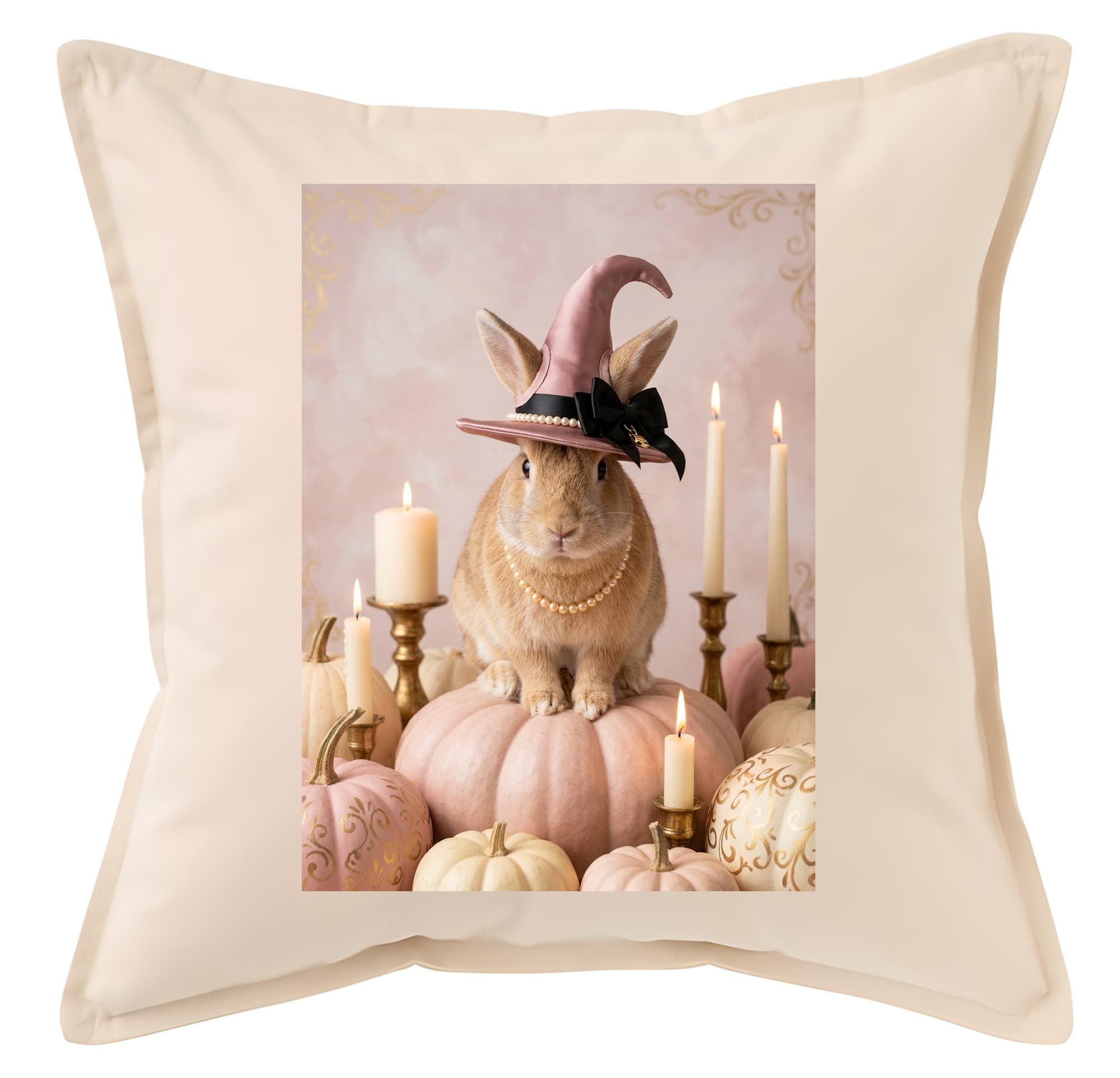 Flemish Giant Pumpkin & Candlelight Oil-Painting Halloween Cushion