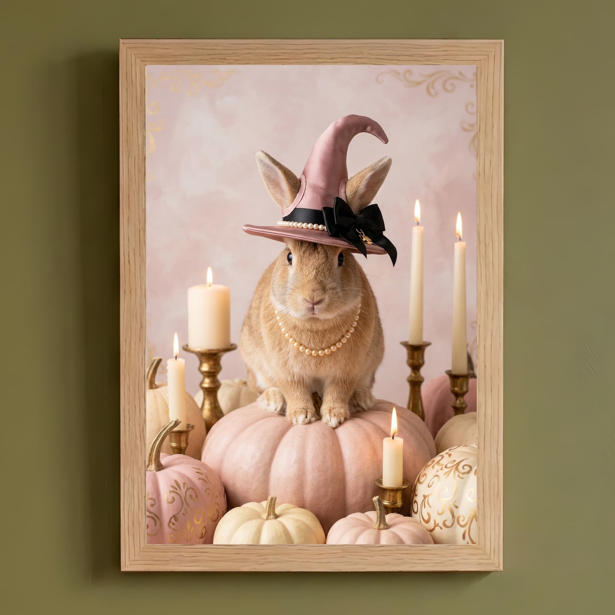 フレミッシュジャイアントのかぼちゃとキャンドルの油絵風アートハロウィン額装プリント(A4サイズ)