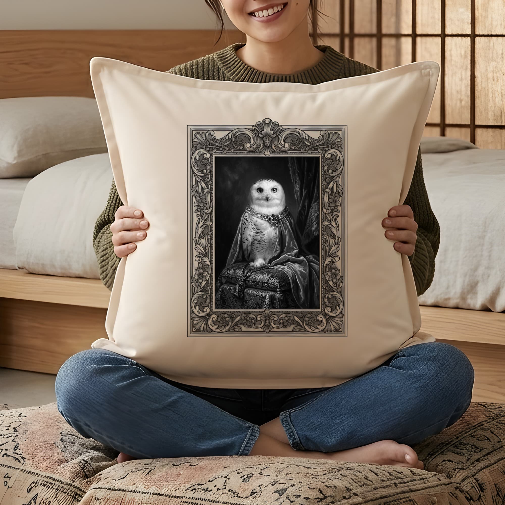 シロフクロウのルネサンス肖像画クッション(額縁デザインあり) 3