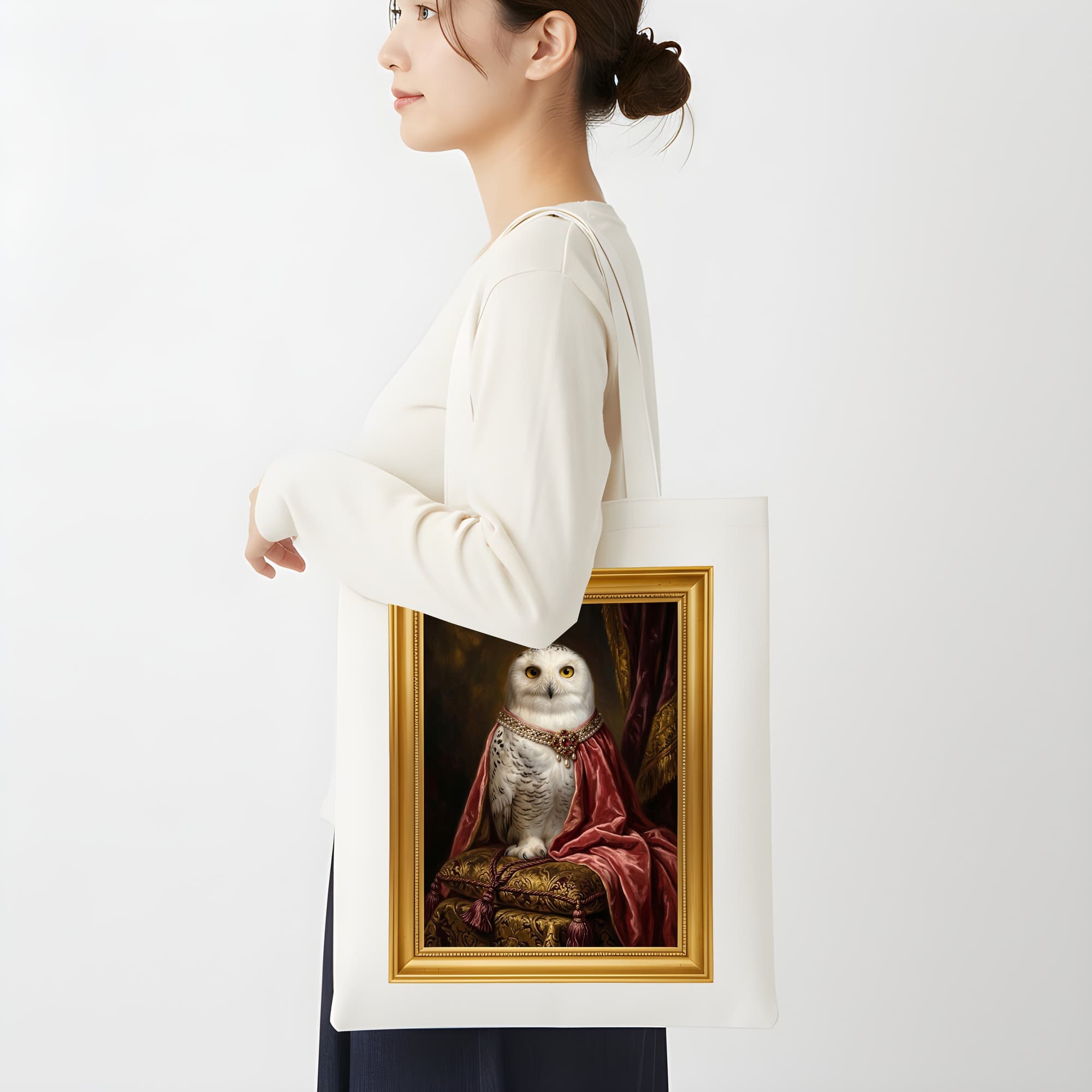 シロフクロウのルネサンス肖像画トートバッグ(カラープリント・額縁デザインあり) 2
