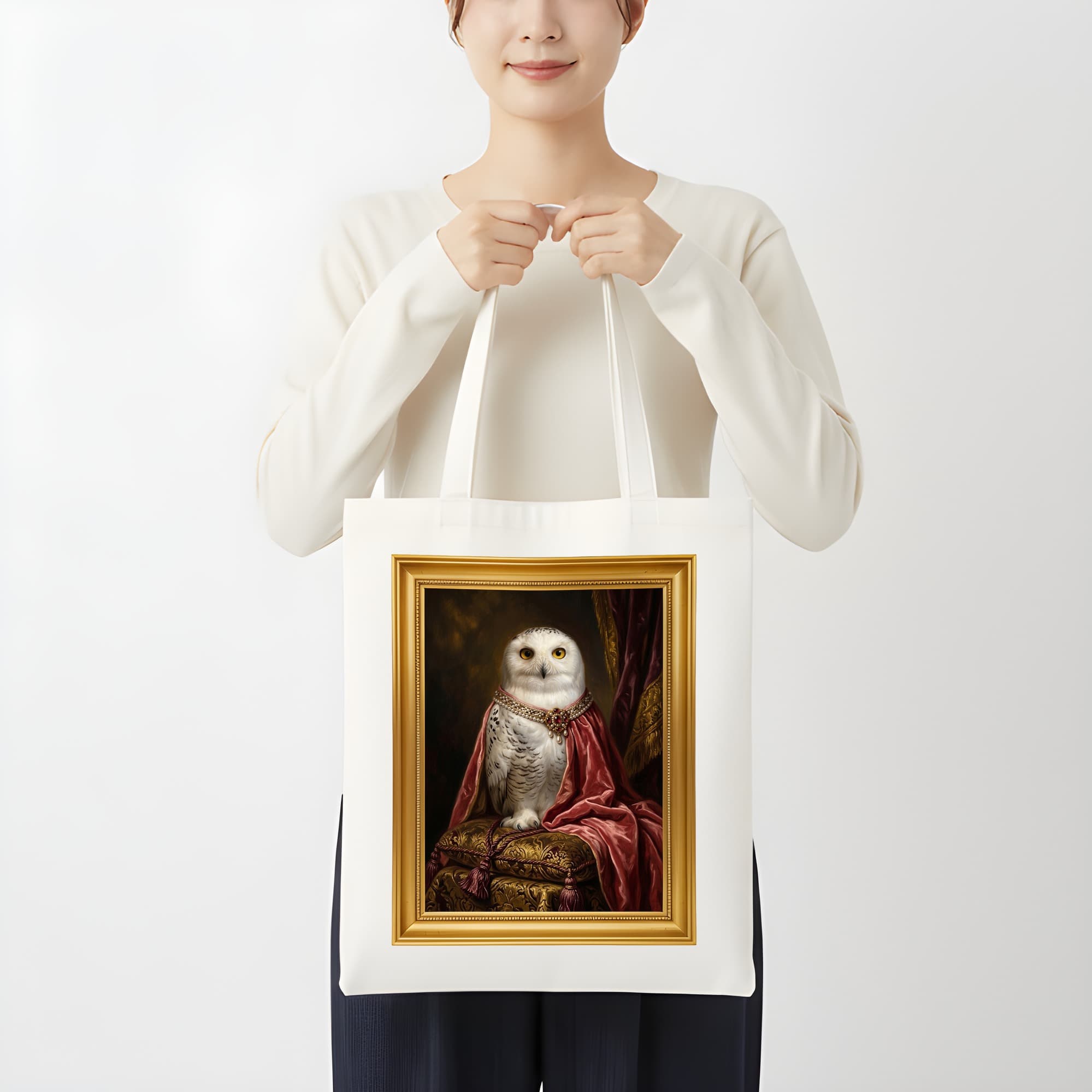 シロフクロウのルネサンス肖像画トートバッグ(カラープリント・額縁デザインあり) 3