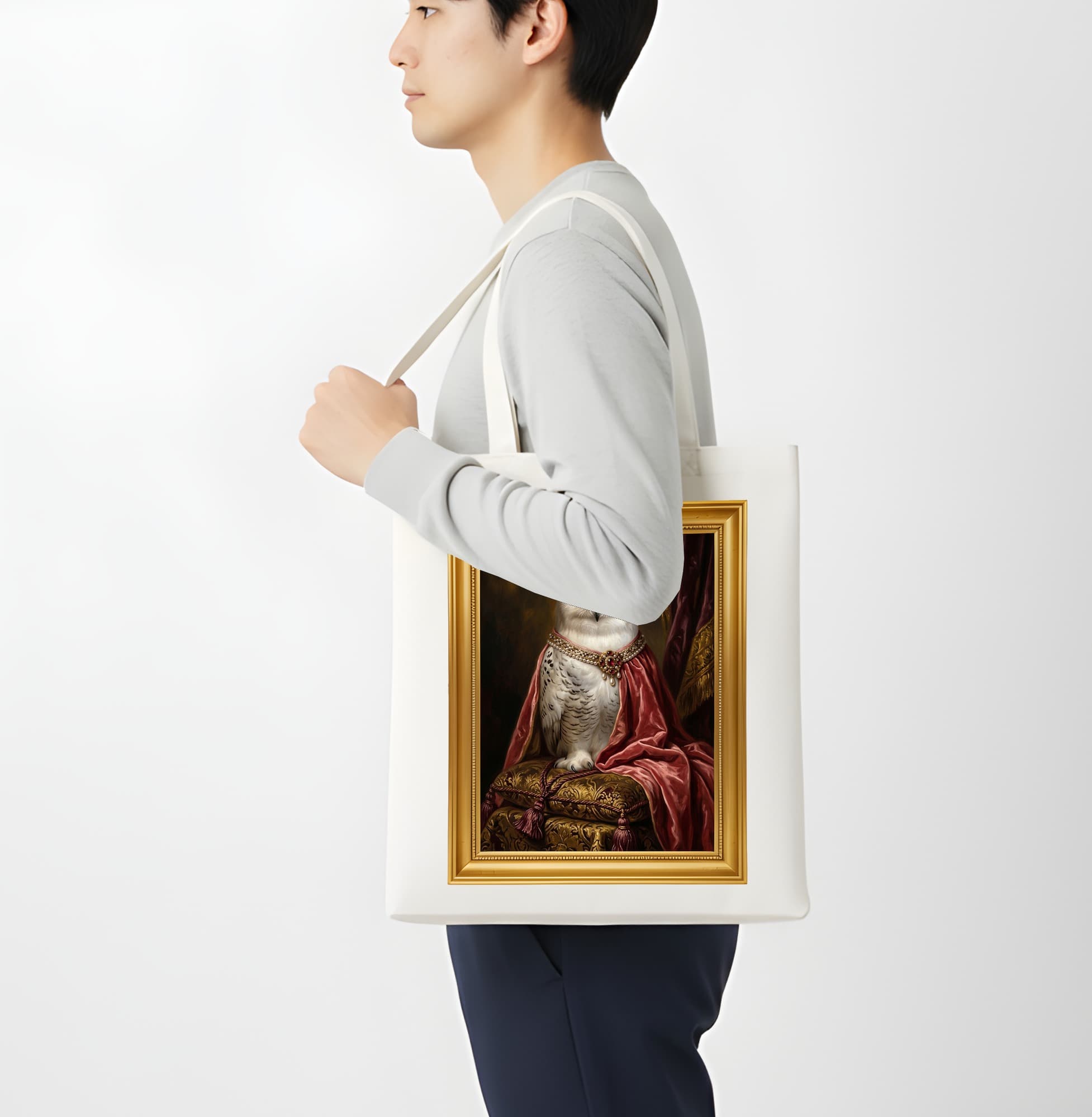 シロフクロウのルネサンス肖像画トートバッグ(カラープリント・額縁デザインあり) 4