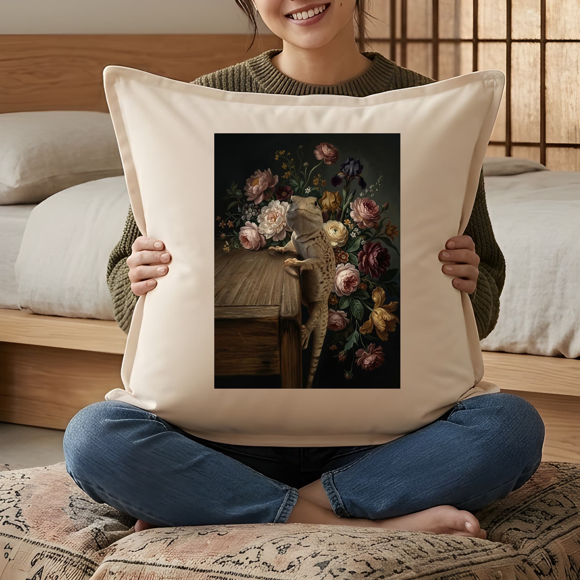 サバクイグアナの花の油絵風アート花柄クッション 3