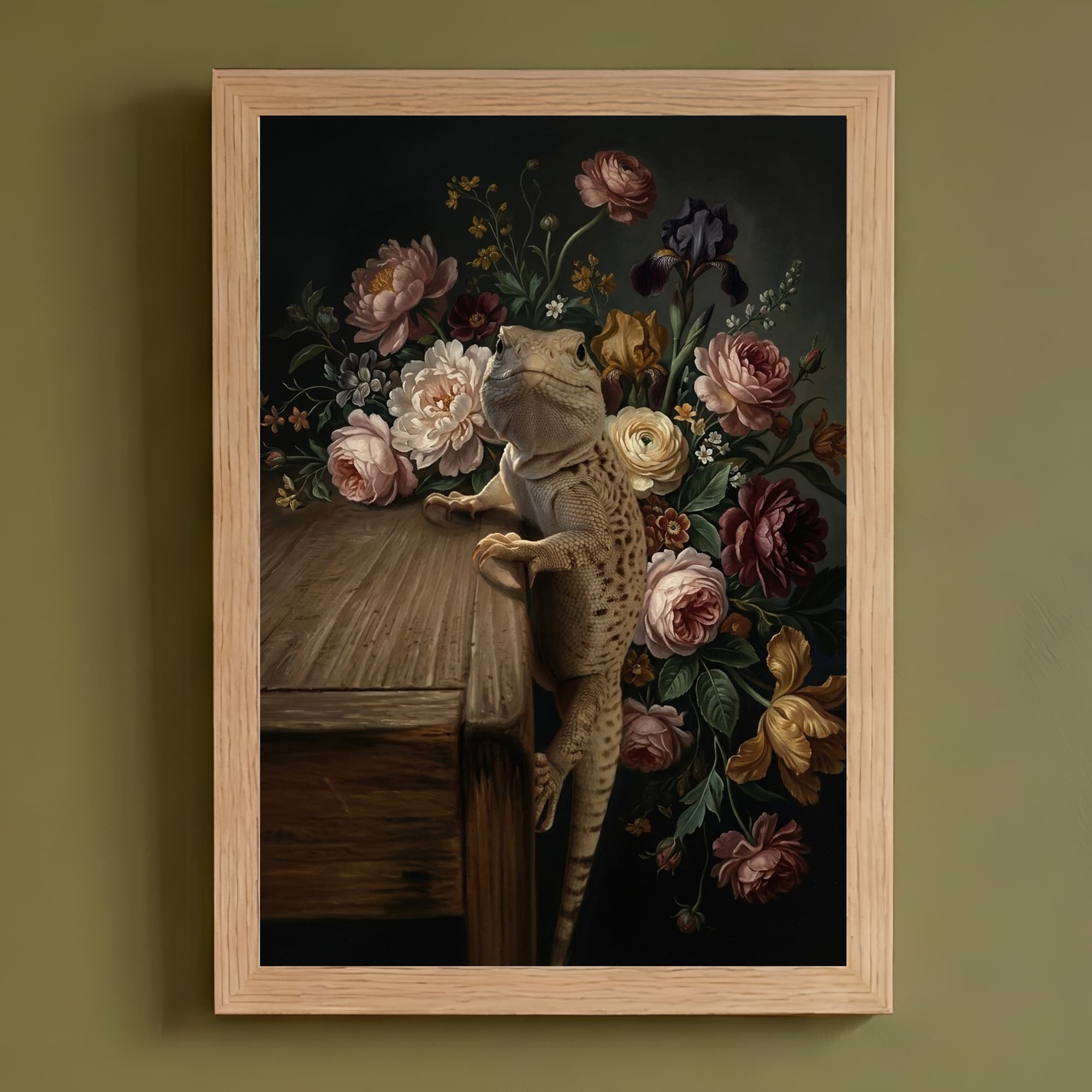 Desert Iguana Floral Oil-Painting Floral Framed Art Print (A4)