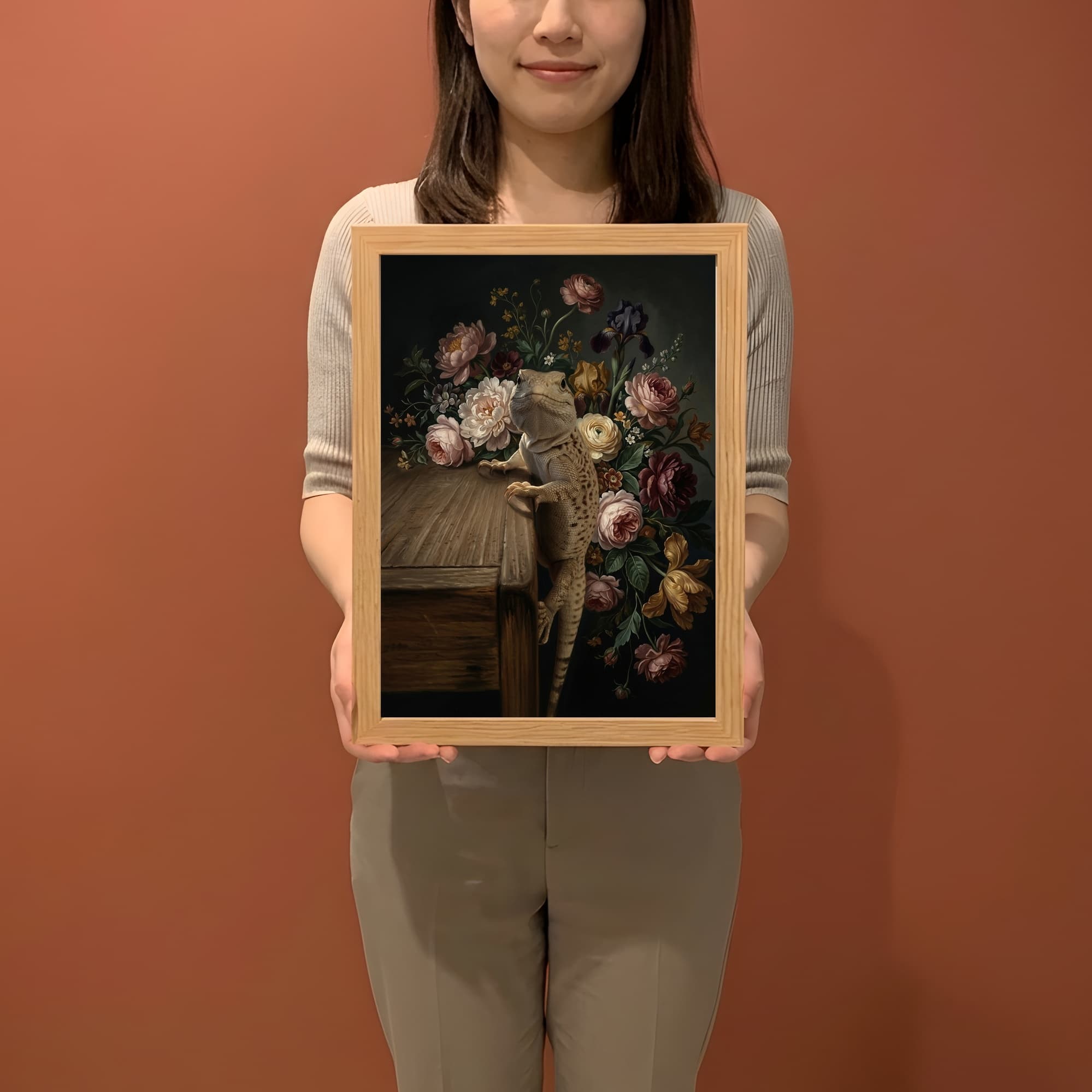 Desert Iguana Floral Oil-Painting Floral Framed Art Print (A4) 2