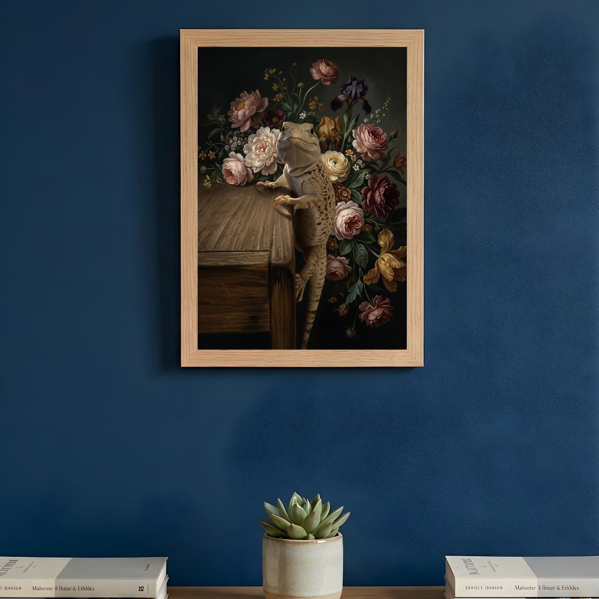 Desert Iguana Floral Oil-Painting Floral Framed Art Print (A4) 3
