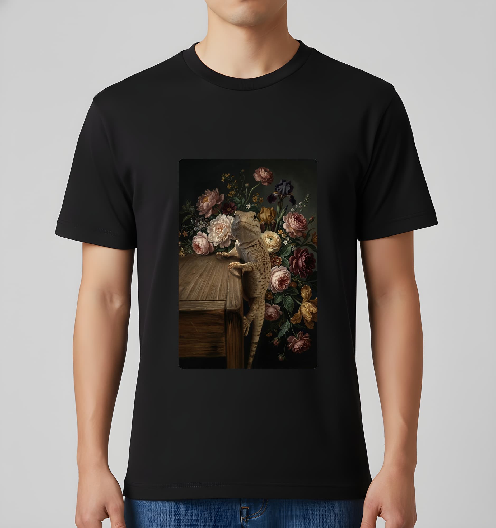 サバクイグアナの花の油絵風アート花柄Tシャツ(ブラック) 3