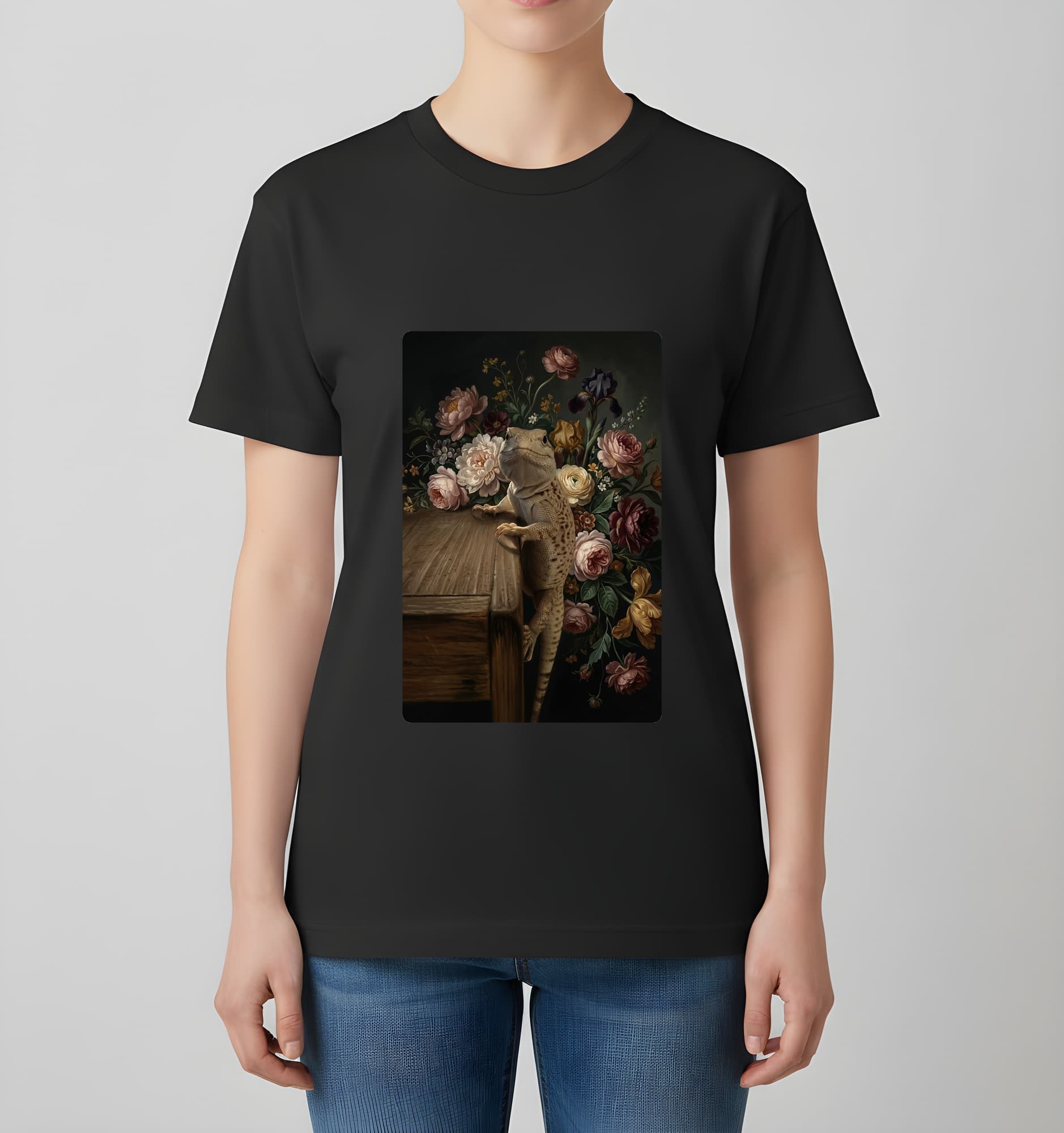サバクイグアナの花の油絵風アート花柄Tシャツ(ブラック) 4