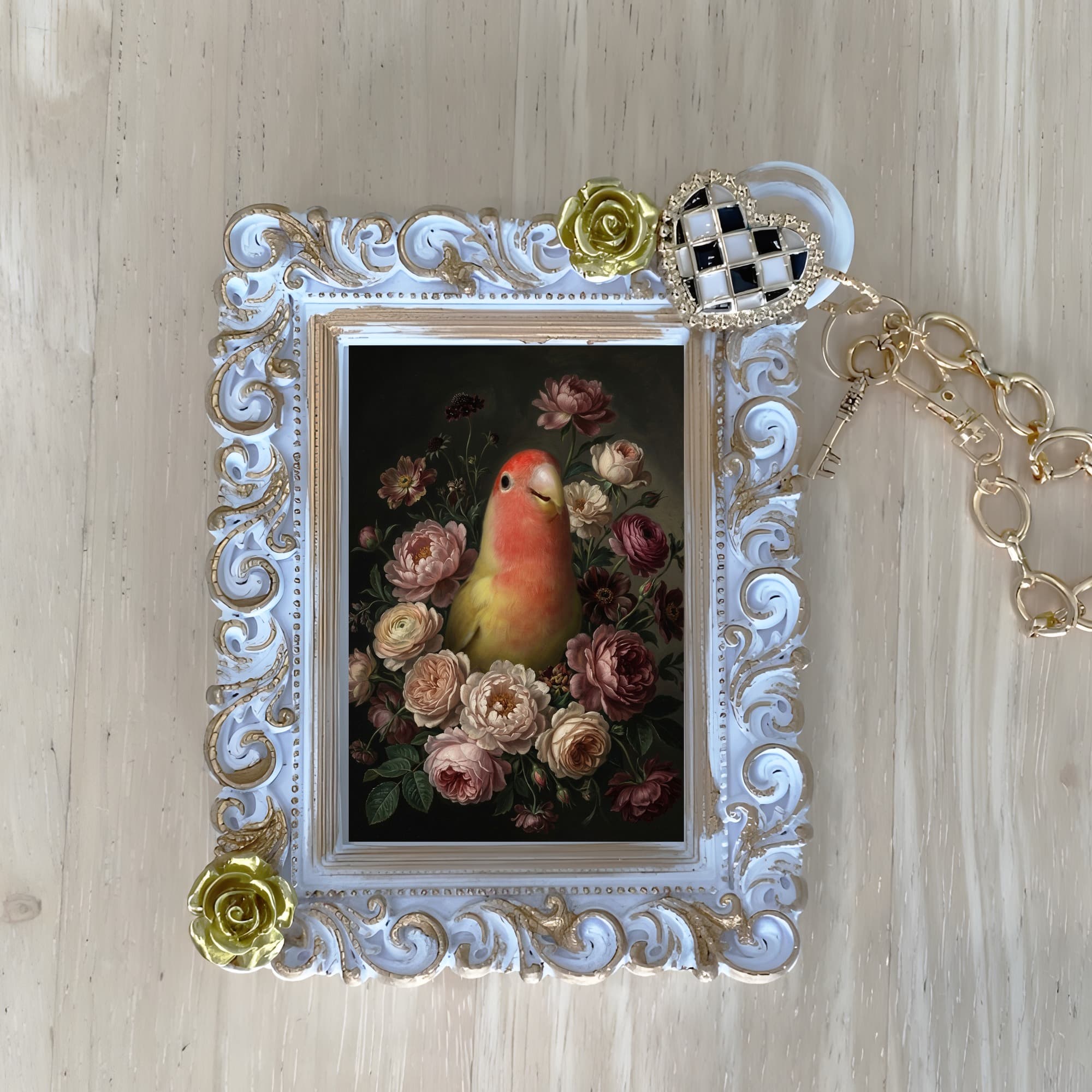 コザクラインコの花の油絵風アート花柄バッグチャーム(ホワイト)