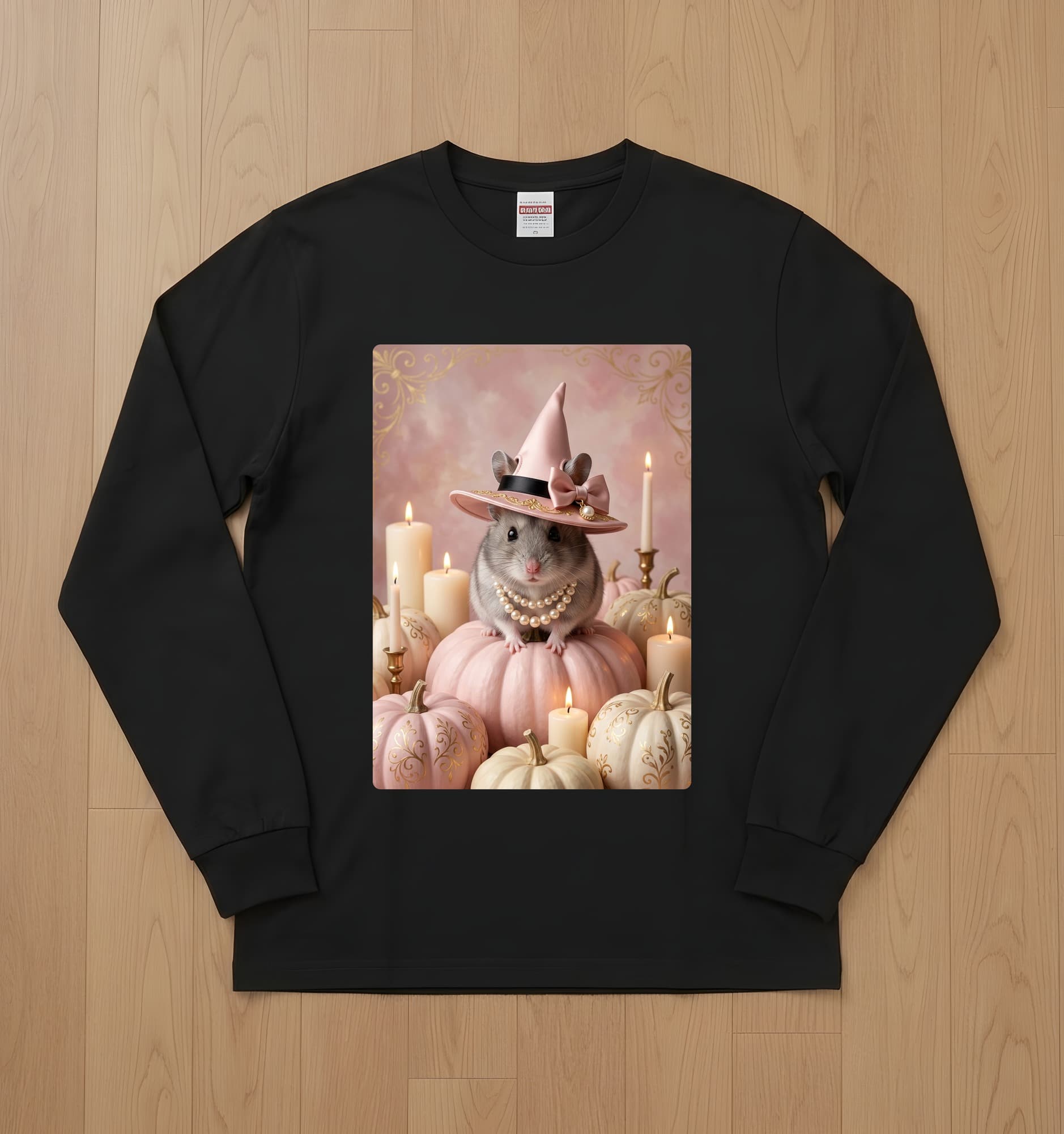 サファイアハムスターのかぼちゃとキャンドルの油絵風アートハロウィン長袖Tシャツ(ブラック)
