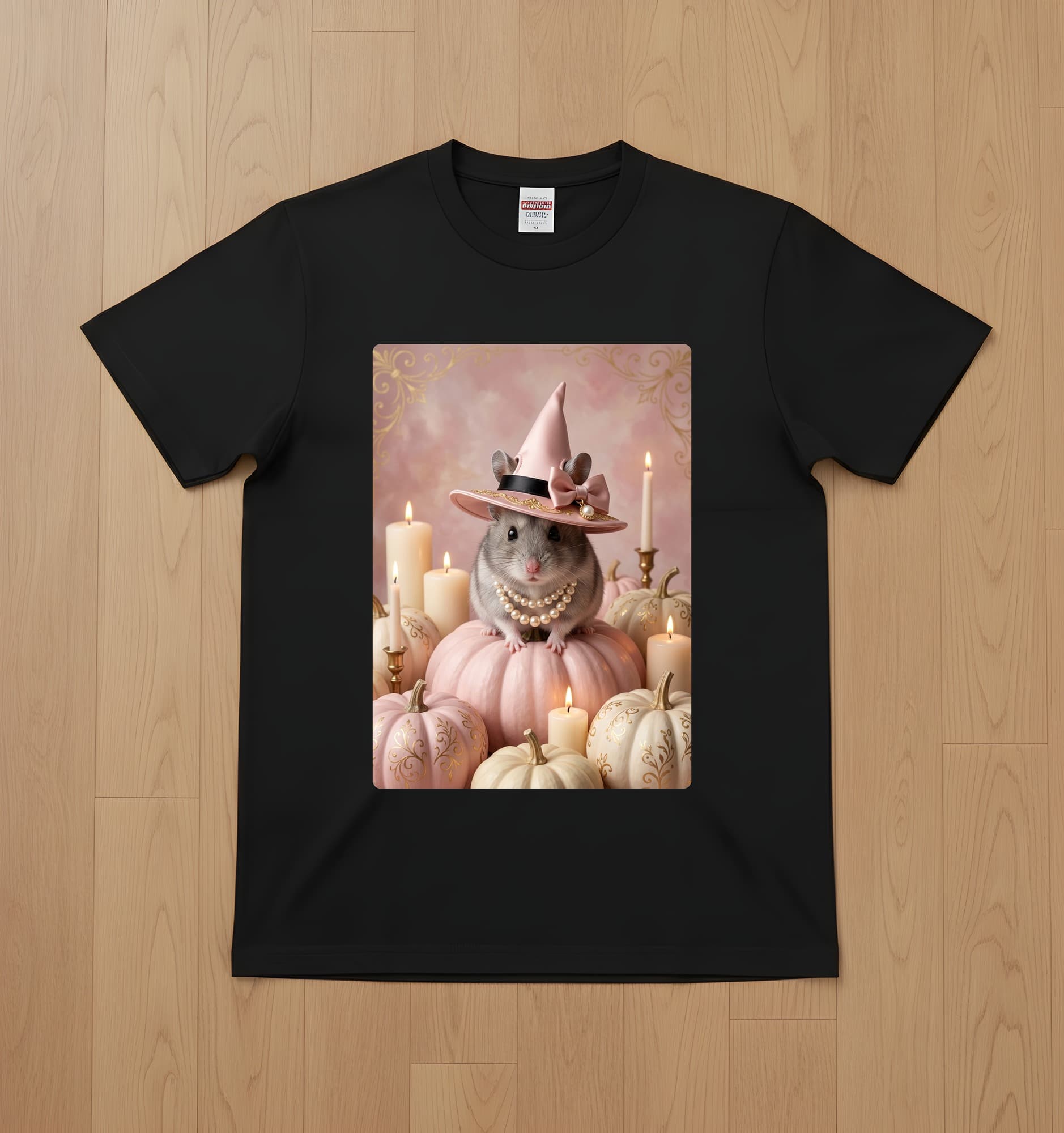 サファイアハムスターのかぼちゃとキャンドルの油絵風アートハロウィンTシャツ(ブラック)