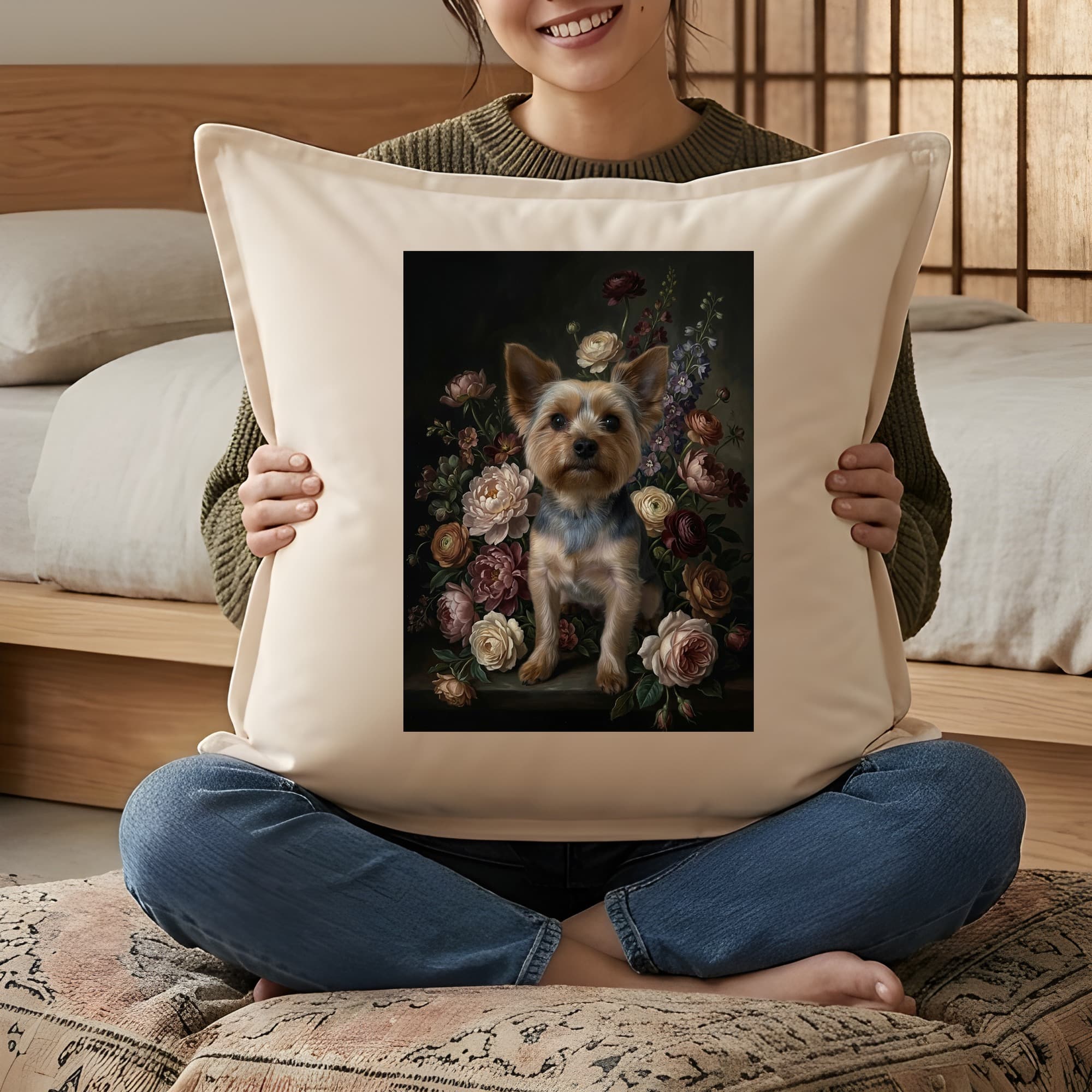 Yorkshire terrier Floral Oil-Painting Floral Cushion 3