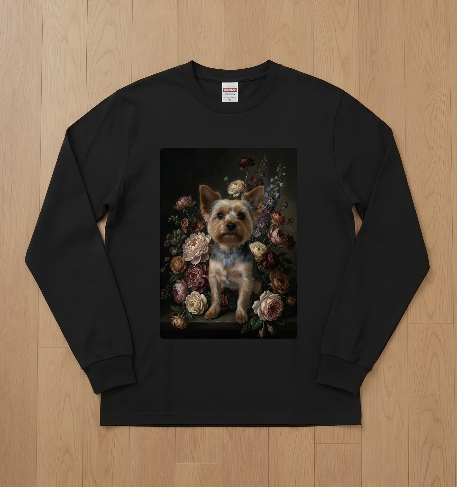 ヨークシャーテリアの花の油絵風アート花柄長袖Tシャツ(ブラック)