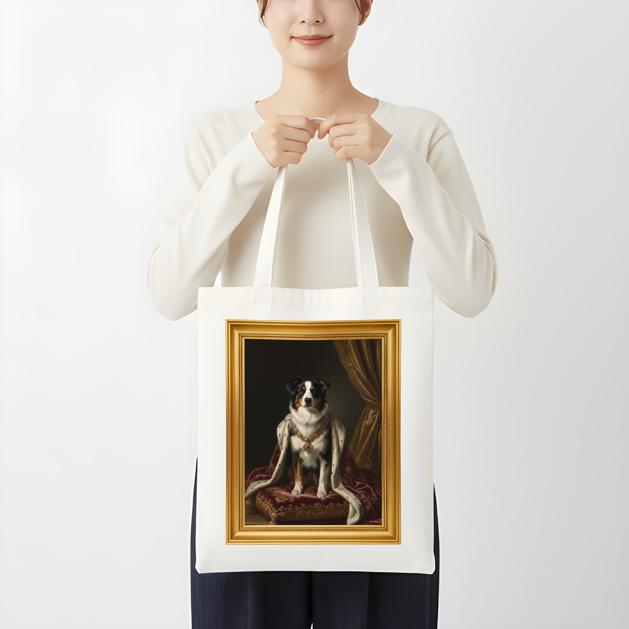 ボーダーコリーのルネサンス肖像画トートバッグ(カラープリント・額縁デザインあり) 3