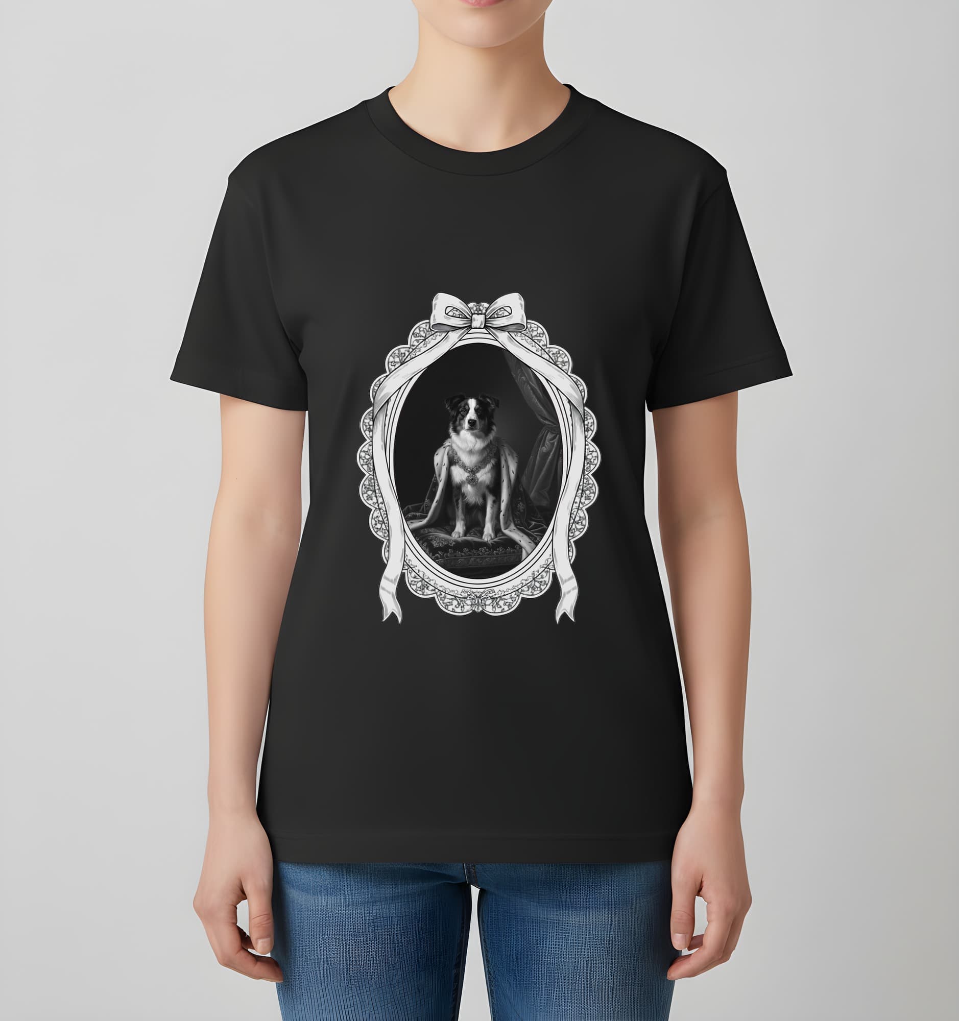 ボーダーコリーのルネサンス肖像画Tシャツ(ブラック・モノクロプリント・額縁デザインあり) 4