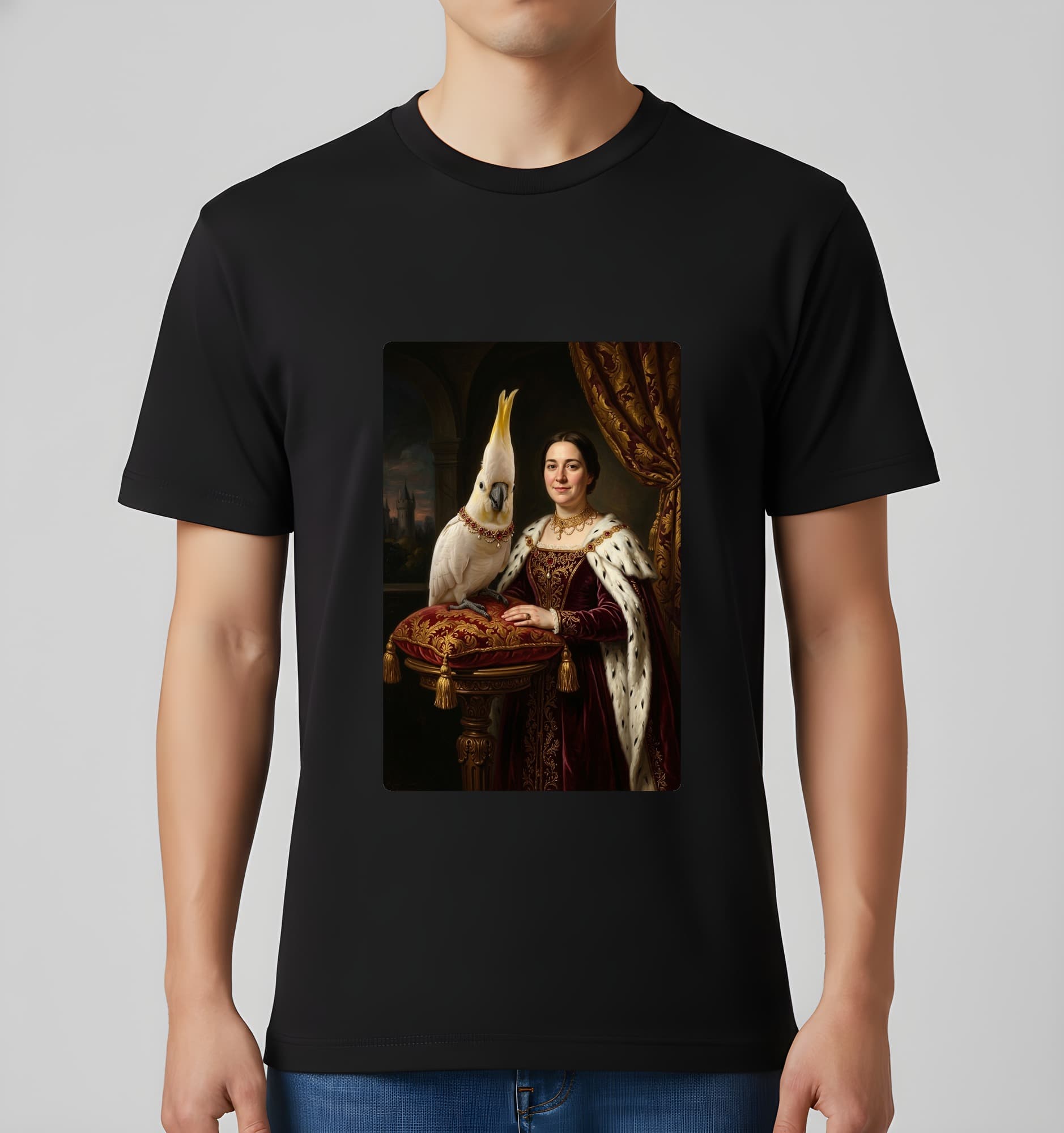 キバタンのルネサンス肖像画Tシャツ(ブラック・カラープリント・額縁なし) 3