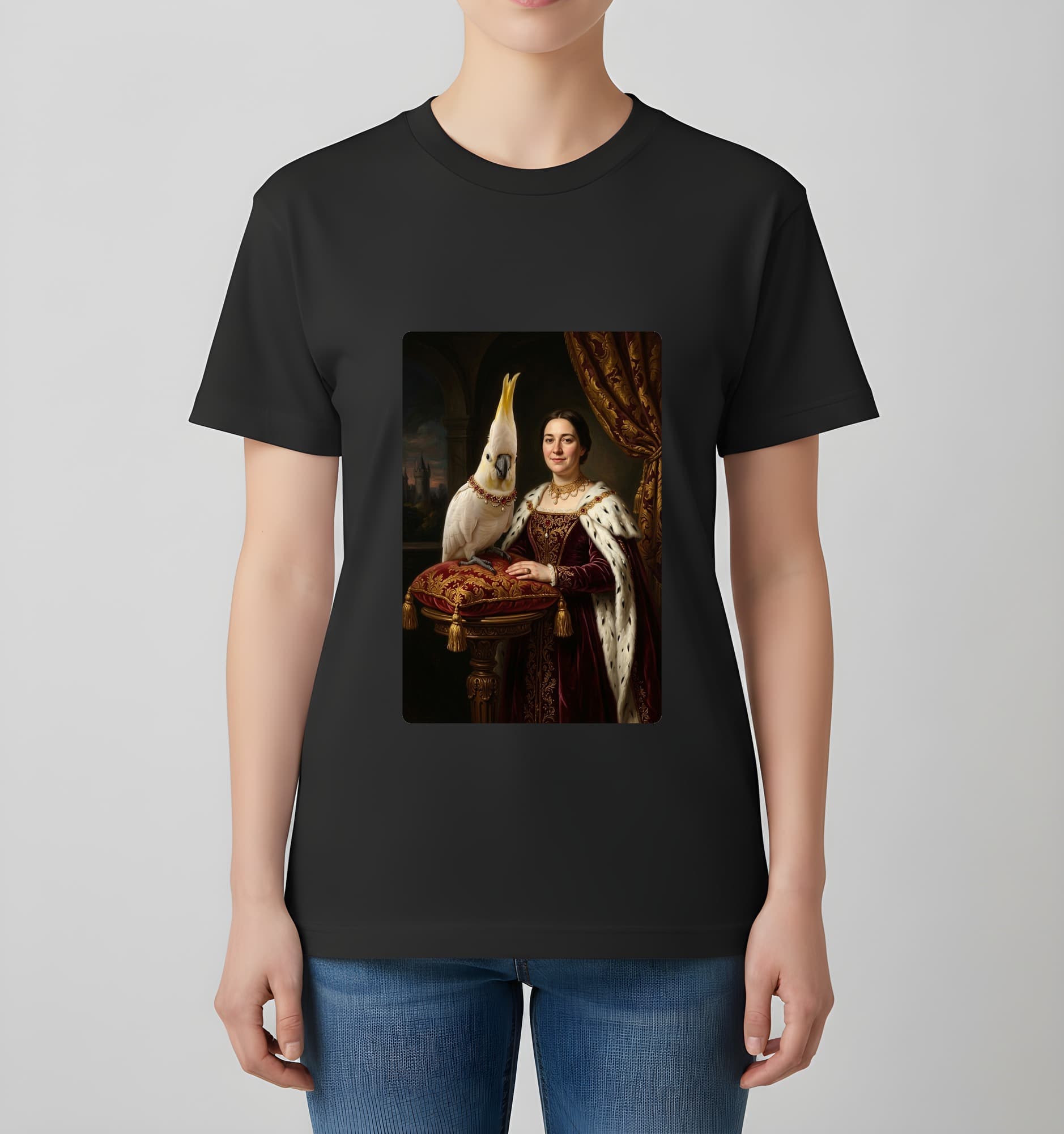 キバタンのルネサンス肖像画Tシャツ(ブラック・カラープリント・額縁なし) 4