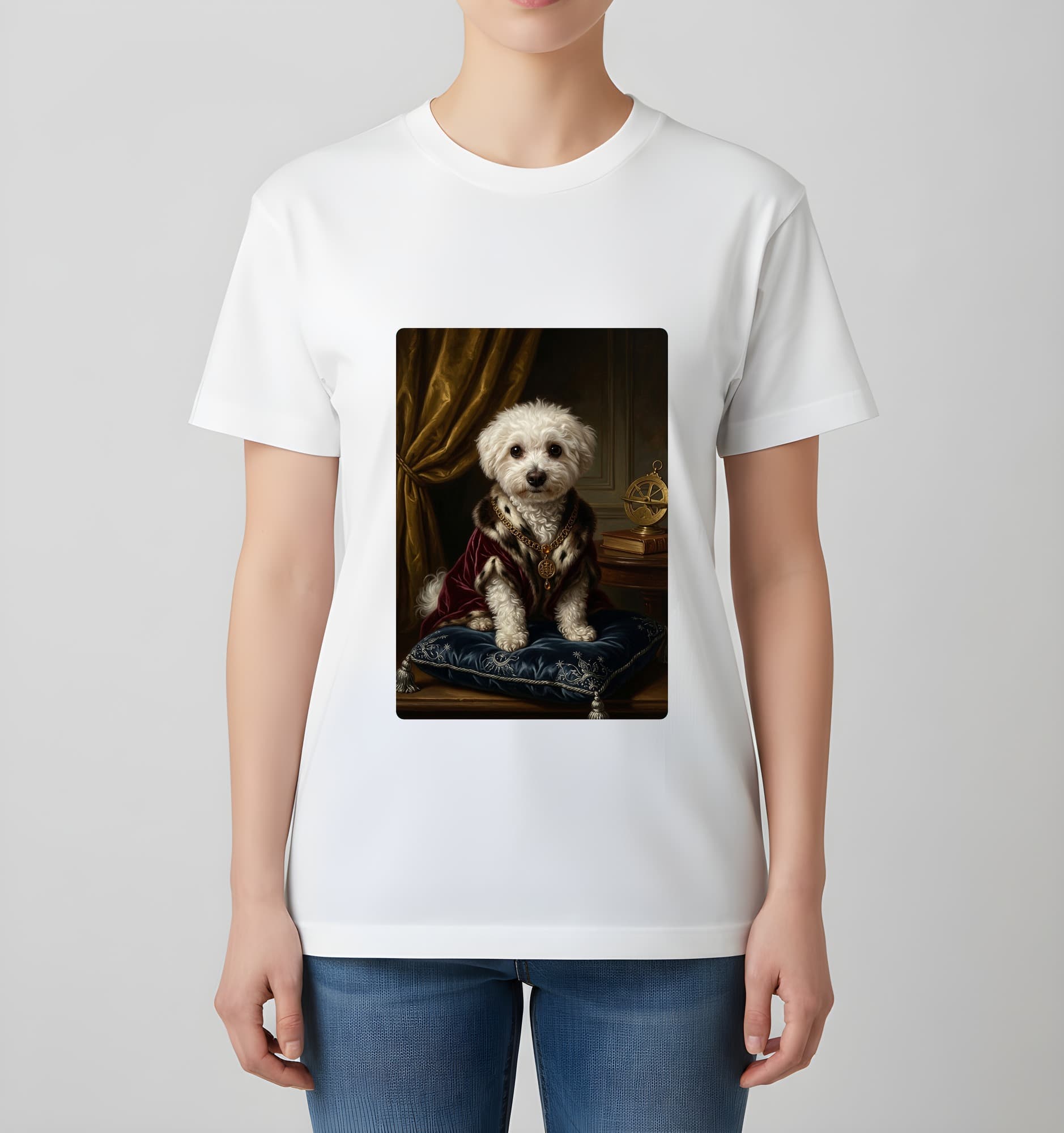 ビションフリーゼのルネサンス肖像画Tシャツ(ホワイト・カラープリント・額縁なし) 4