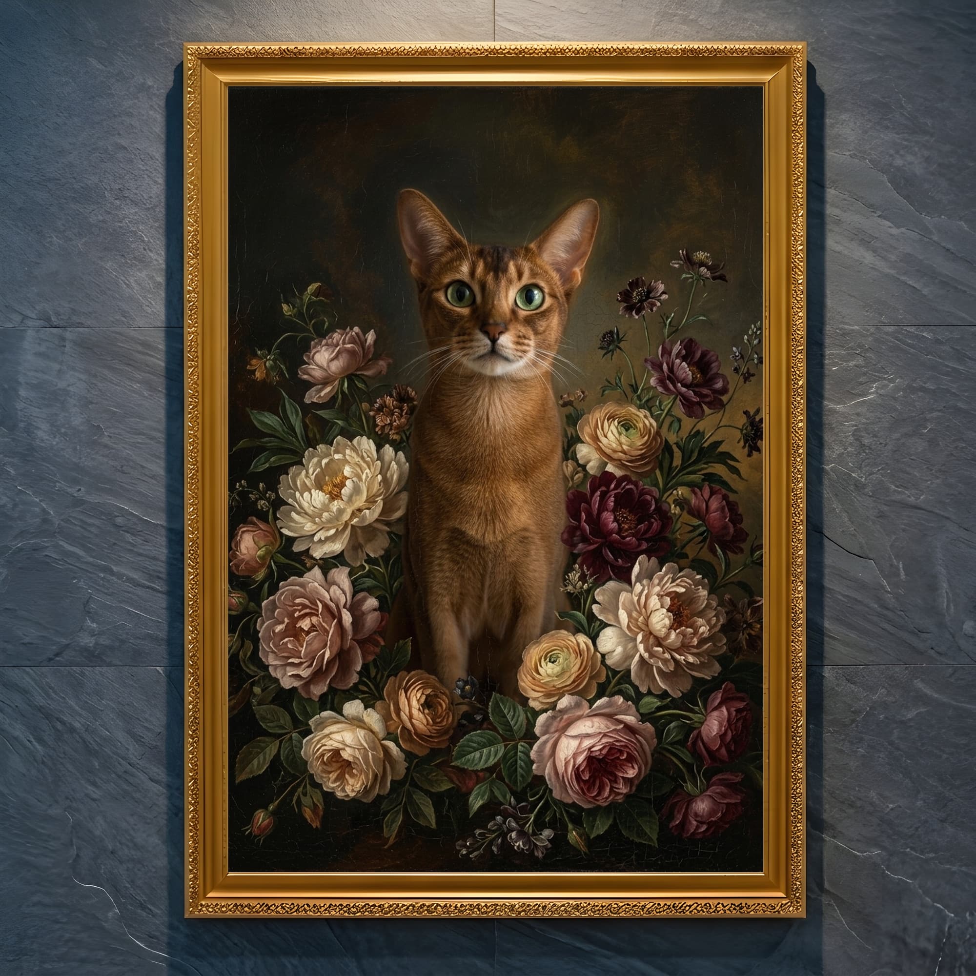Abyssinian Floral Oil-Painting Floral Framed Art Print (A4 Gold)