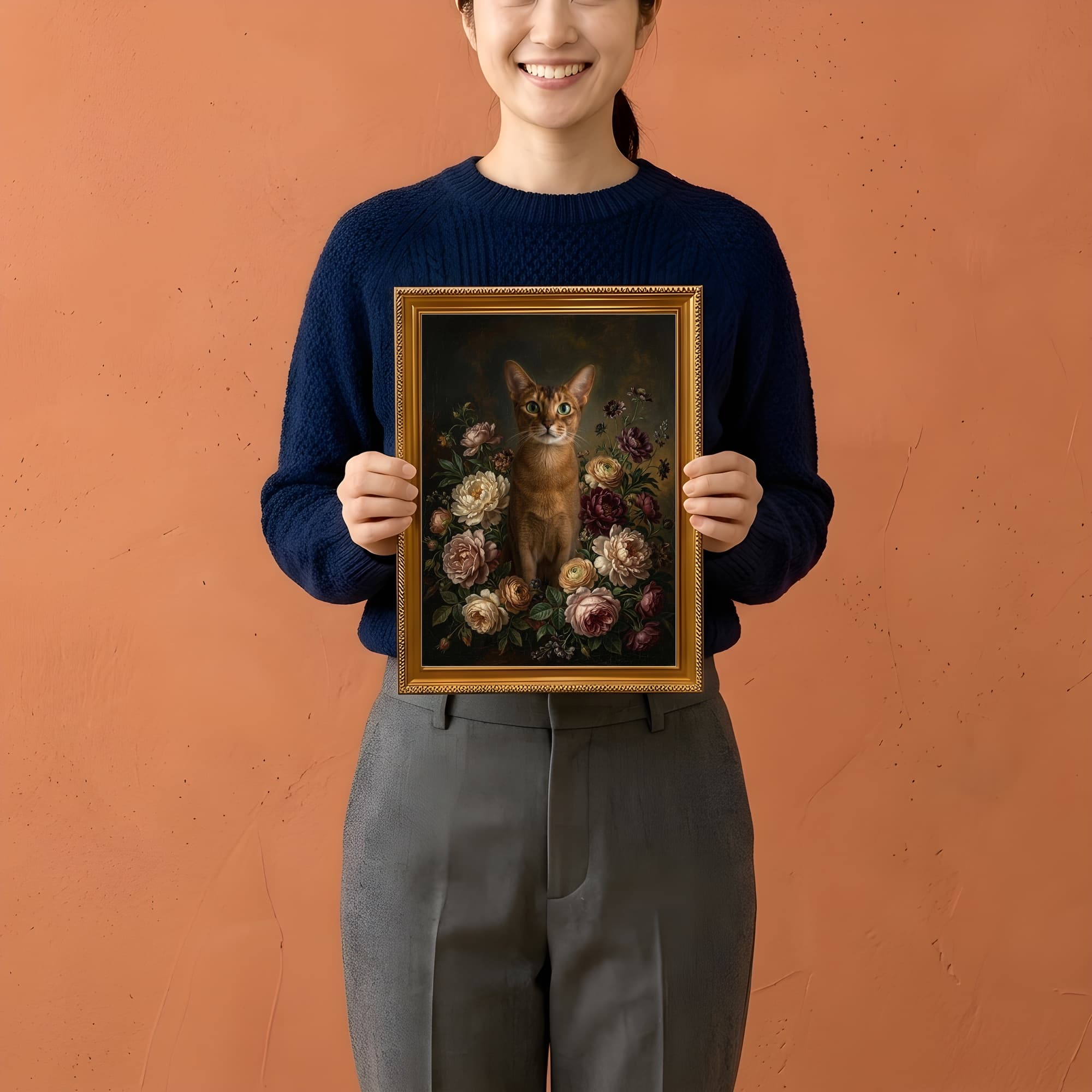 Abyssinian Floral Oil-Painting Floral Framed Art Print (A4 Gold) 2