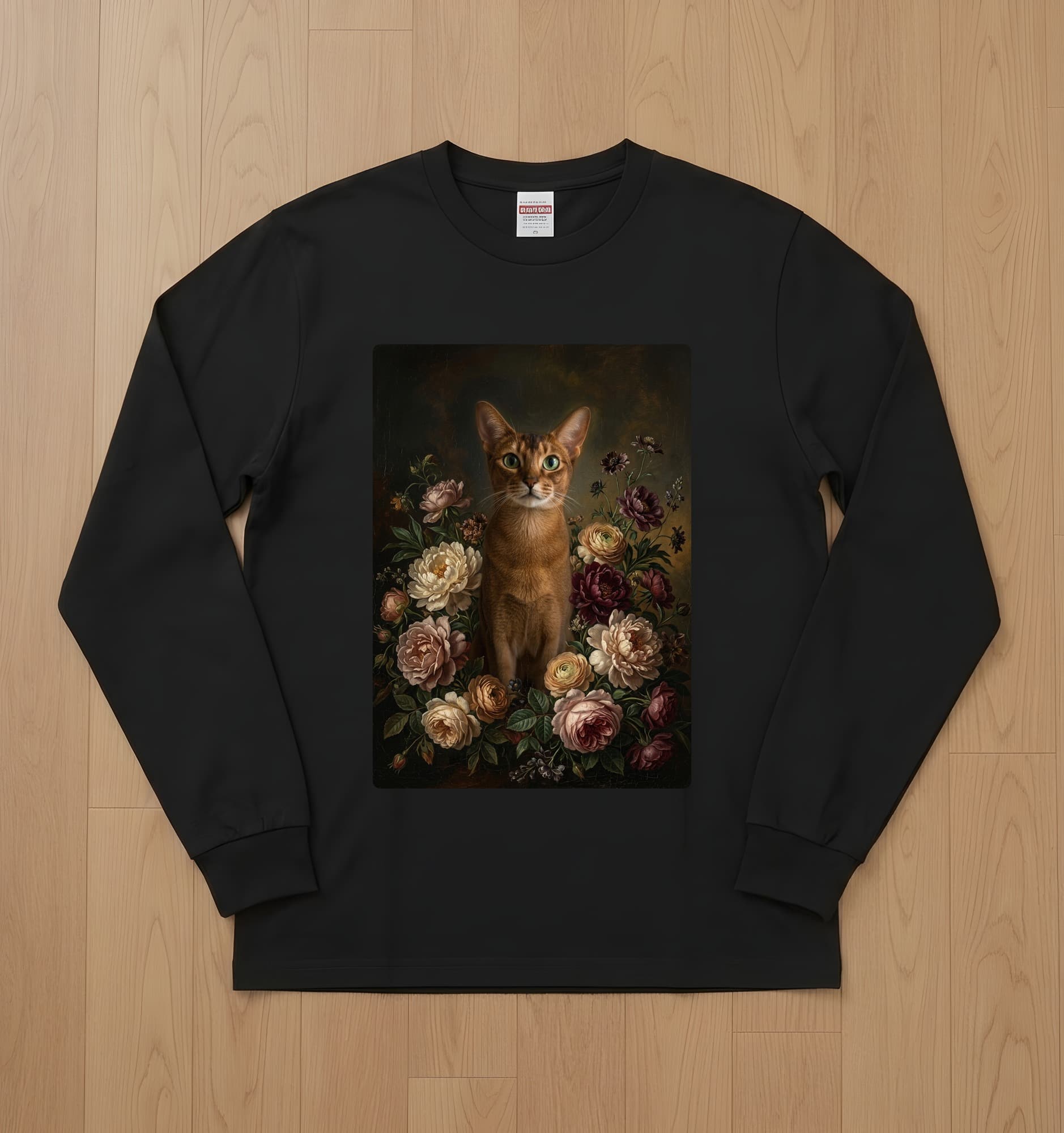 Abyssinian Floral Oil-Painting Floral Long Sleeve T-Shirt (Black)