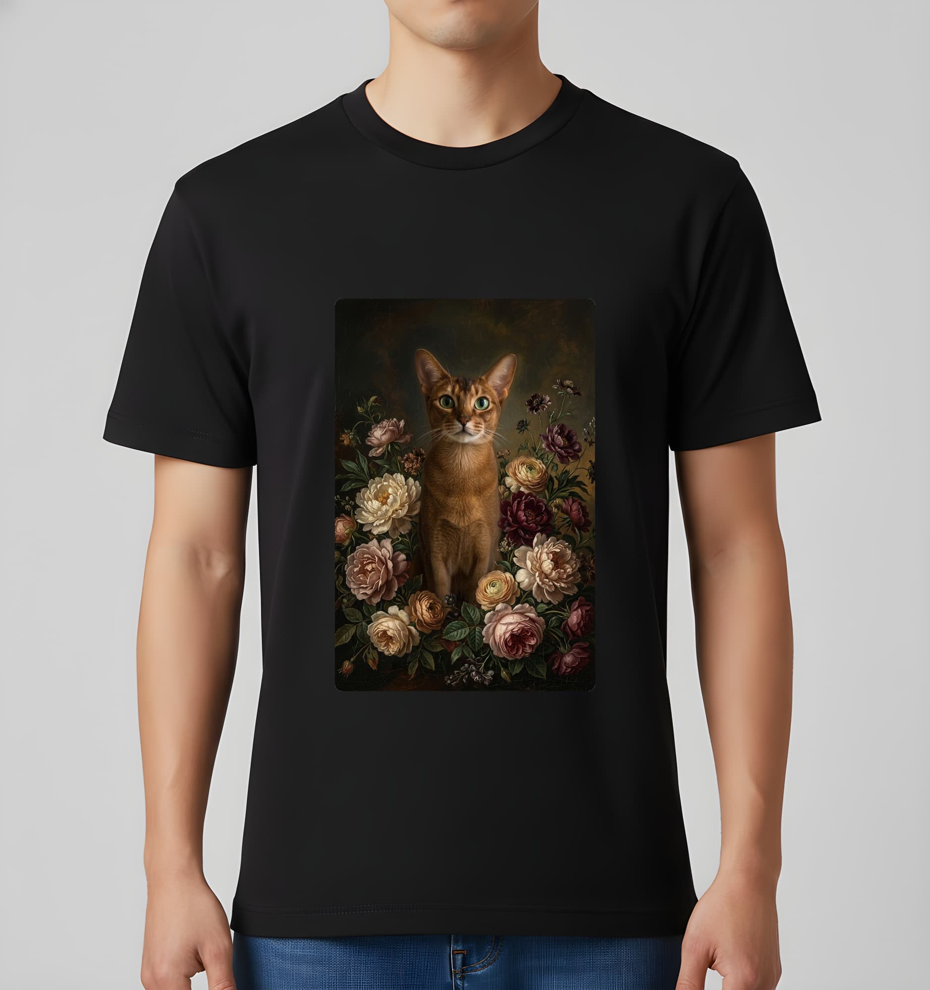Abyssinian Floral Oil-Painting Floral T-Shirt (Black) 3