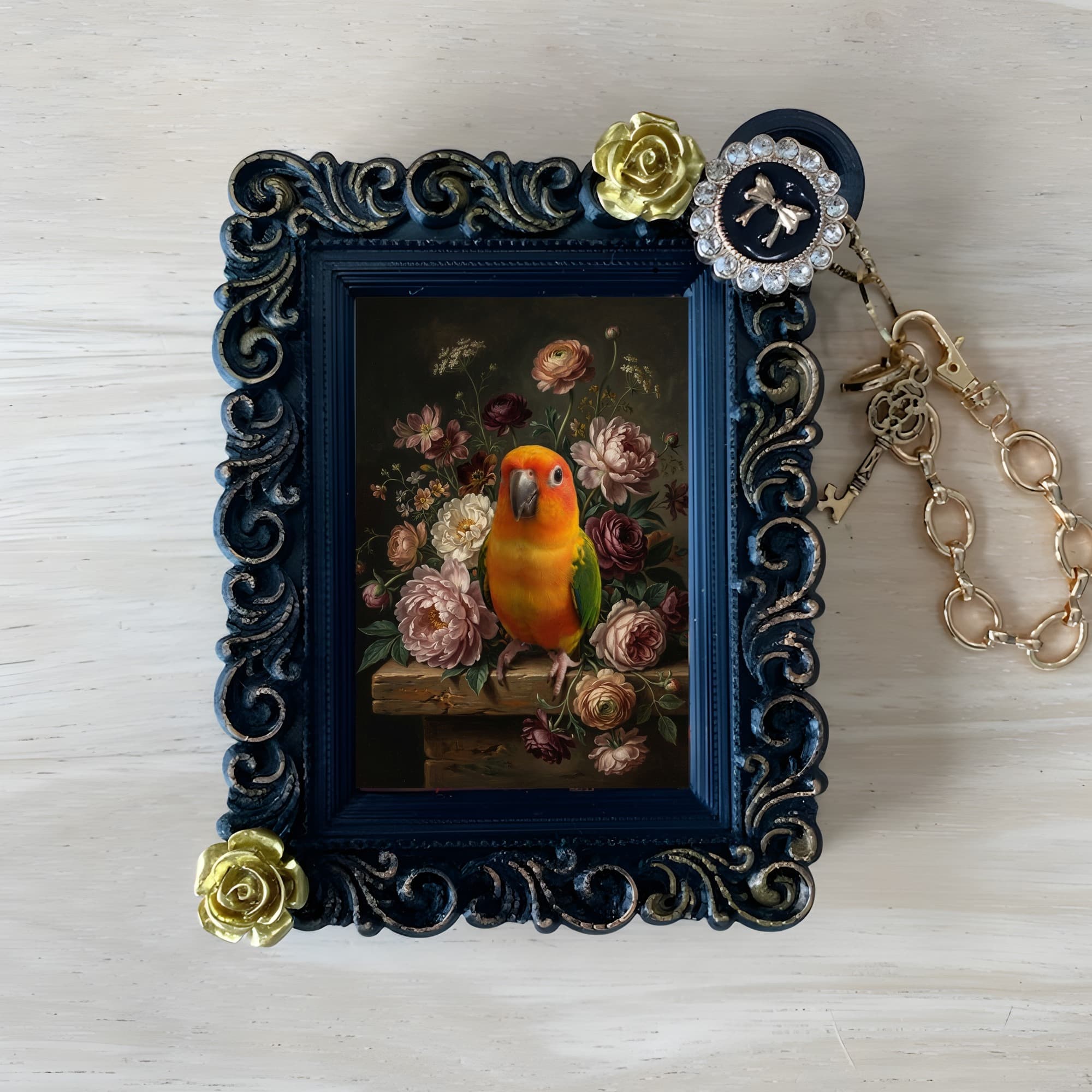 Sun Conure Floral Oil-Painting Floral Bag Charm (Black)