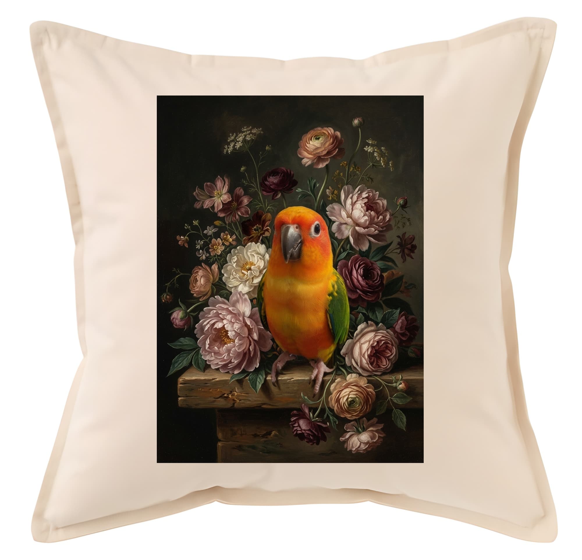 コガネメキシコインコの花の油絵風アート花柄クッション