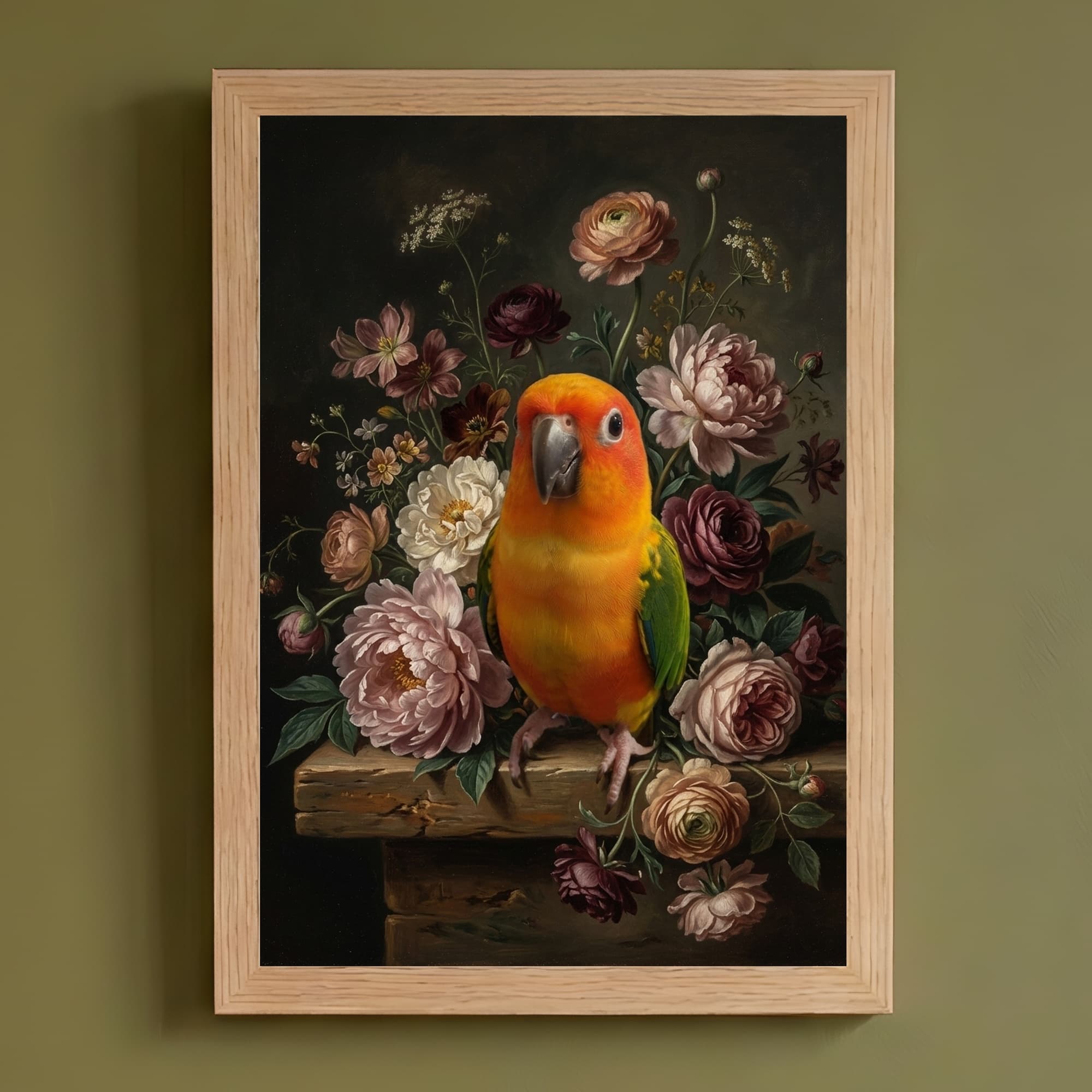コガネメキシコインコの花の油絵風アート花柄額装プリント(A4サイズ)