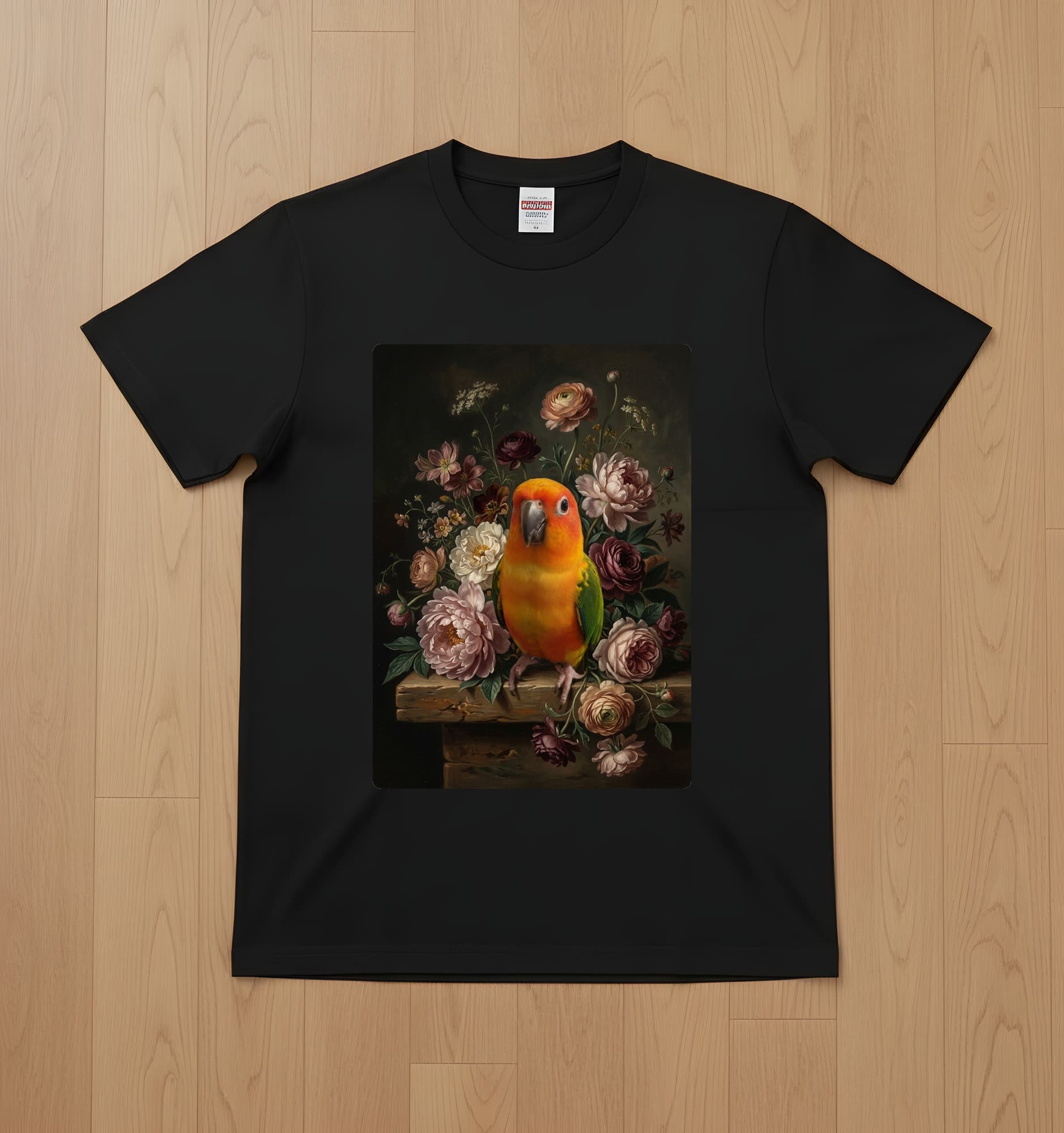 コガネメキシコインコの花の油絵風アート花柄Tシャツ(ブラック)