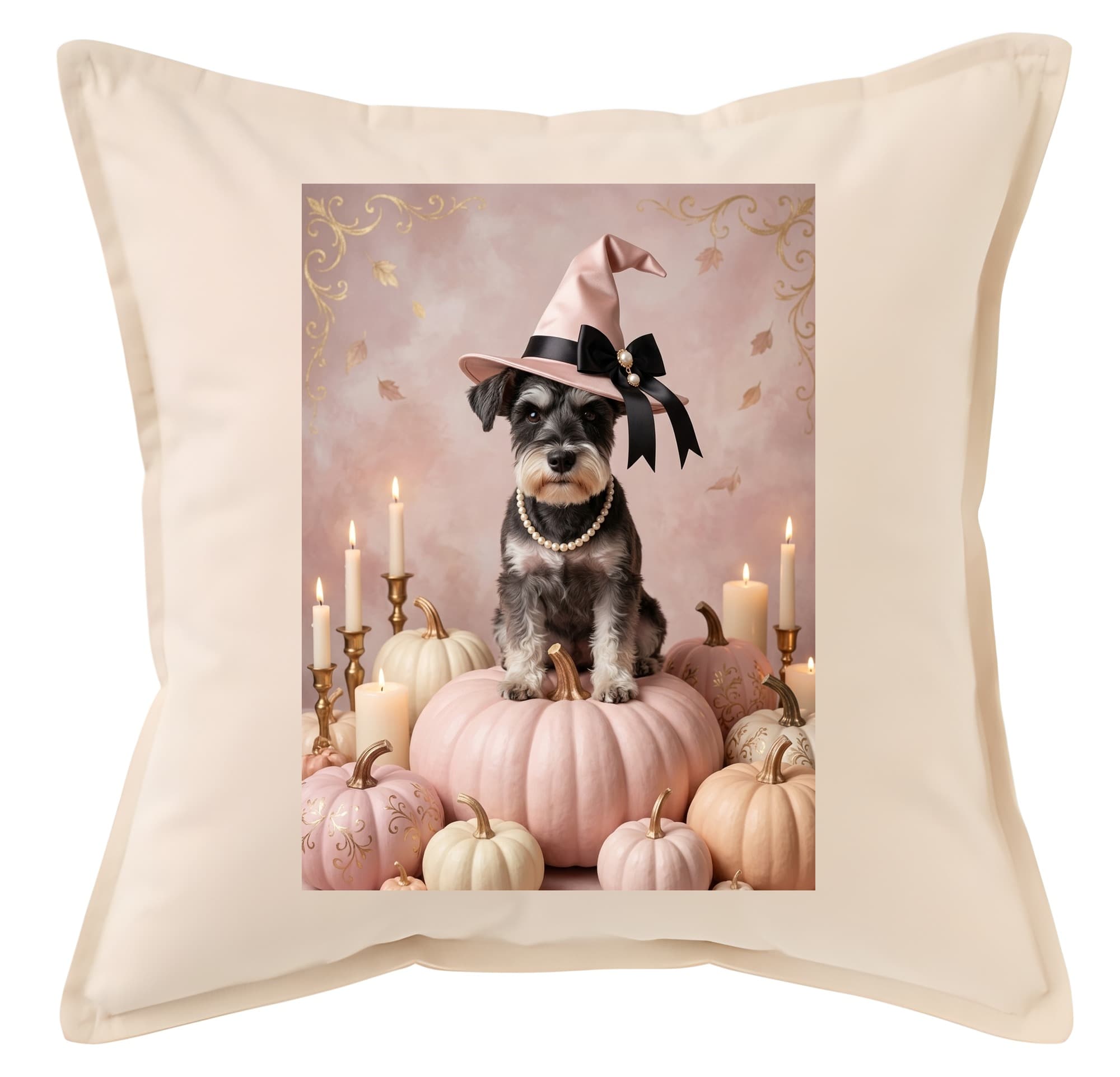 miniature schnauzer Pumpkin & Candlelight Oil-Painting Halloween Cushion