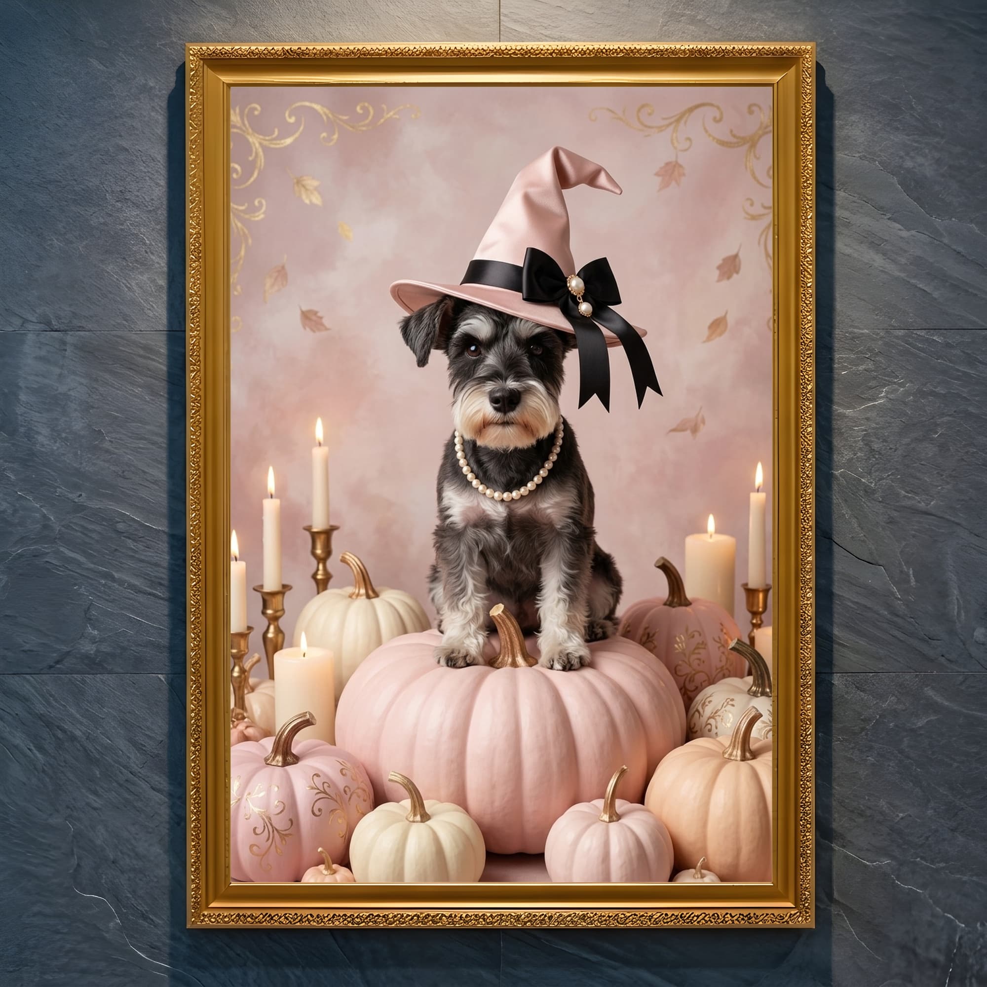 ミニチュアシュナウザーのかぼちゃとキャンドルの油絵風アートハロウィン額装プリント(A4金縁)