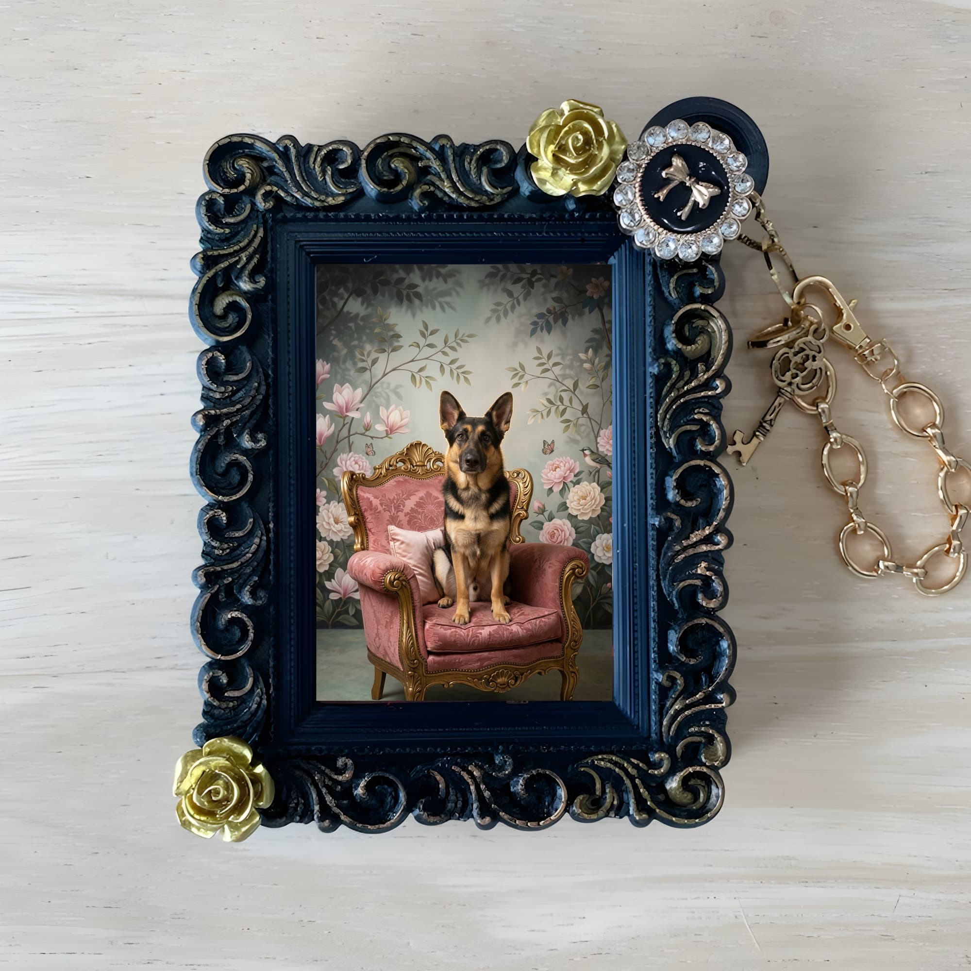 German shepherd Shabby Pink Oil-Painting Rococo Bag Charm (Black)